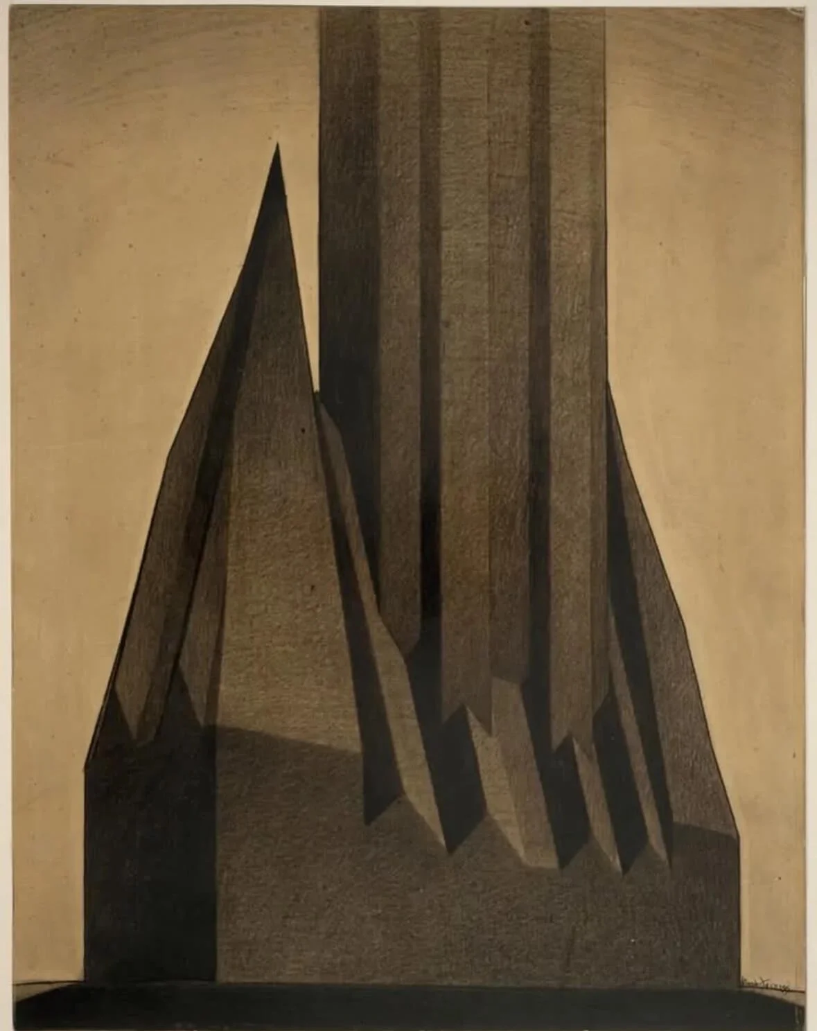 Hugh Ferris, Study for maximum mass permitted by the 1916 New York zoning law, stage 1, black crayon, stumped, brush and black ink over photostat, varnish on 
illustration board, 66 x 51, 1922