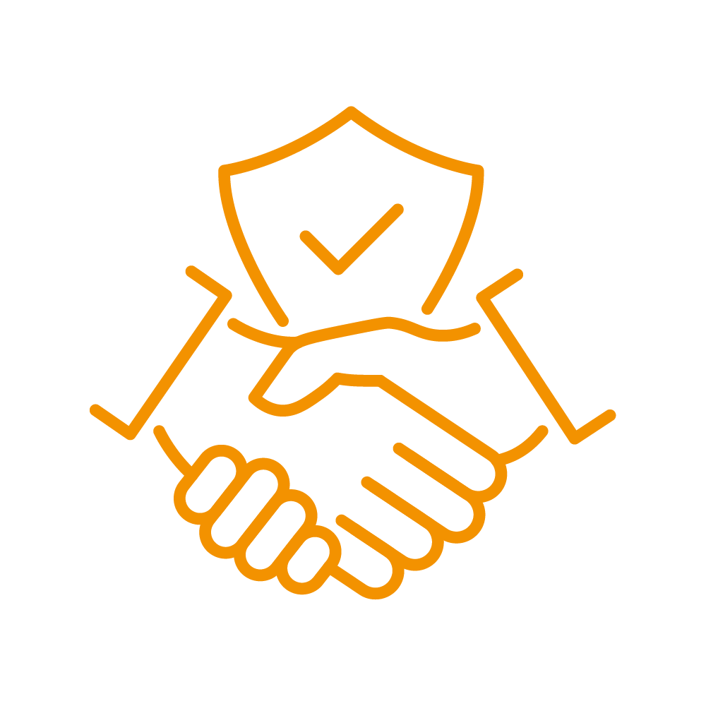 Orange outline illustration of a handshake with a shield featuring a checkmark in the background.
