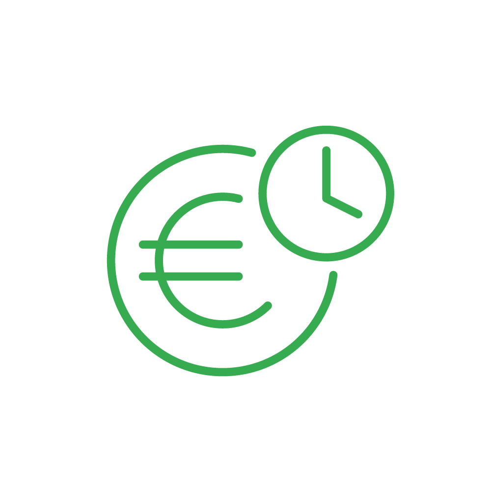 Green outline icons of a euro symbol, a clock, and a dollar symbol