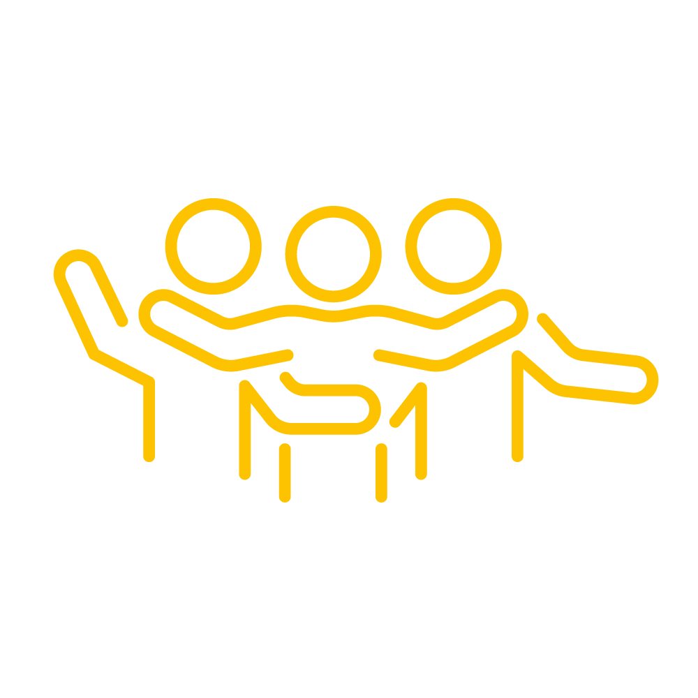 Yellow outline icon of three people sitting around a table, holding hands, on a black background.