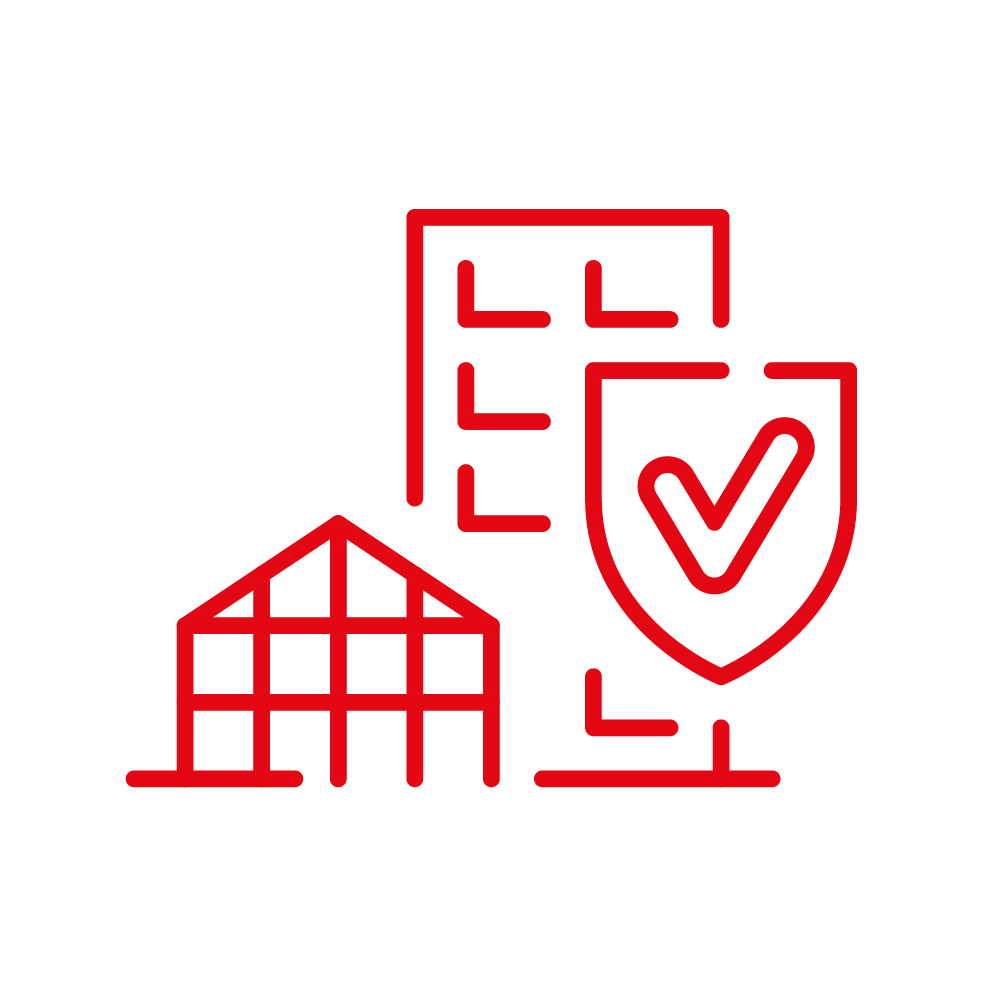 Outline graphic of a house, a building, and a shield with a checkmark, all in red.