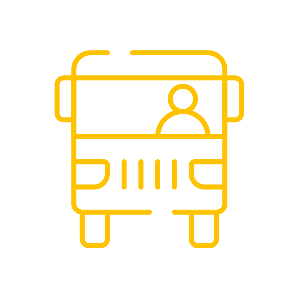 Outline of a bus with a person inside, depicted in yellow line art.