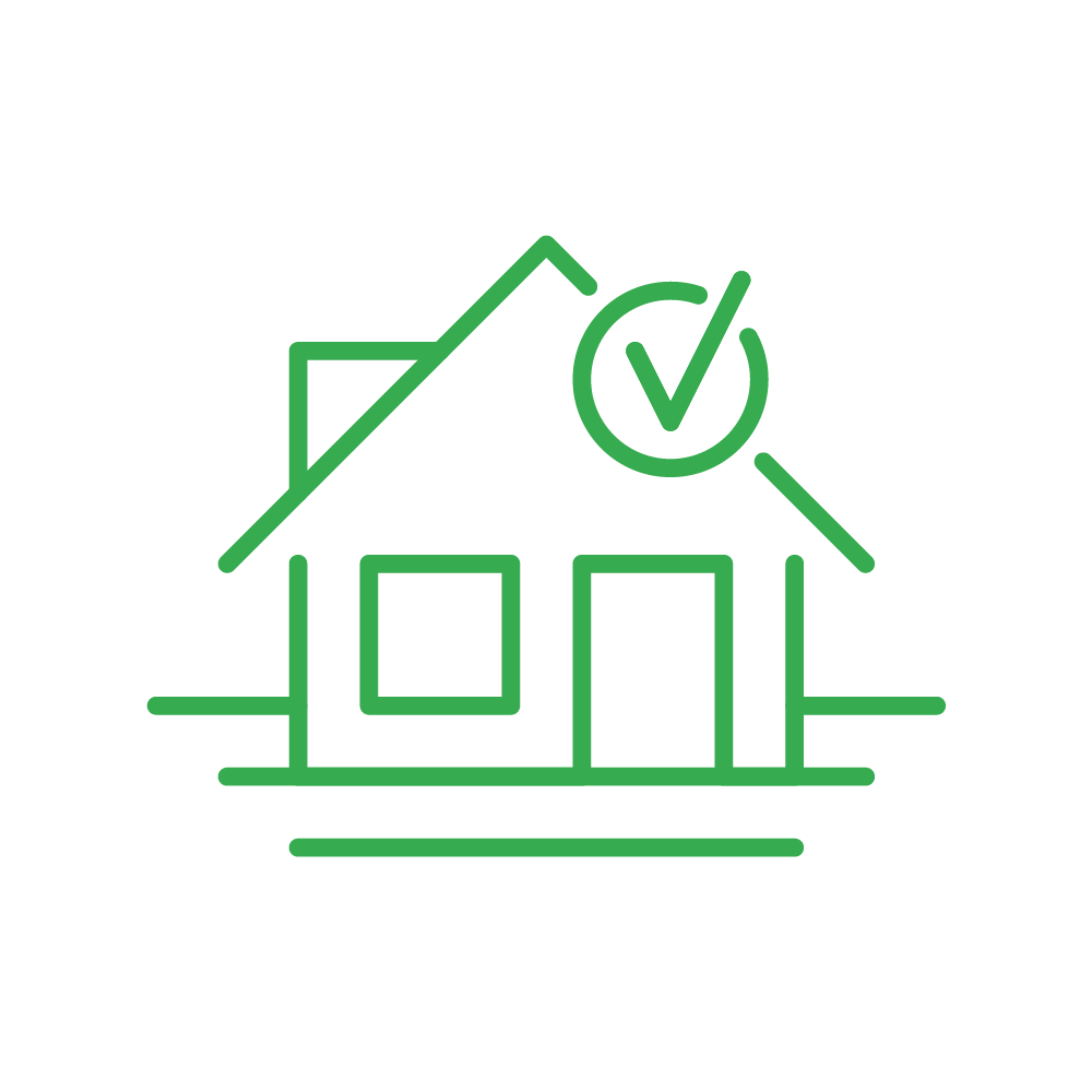 House icon with upward arrow and a checkmark, symbolizing real estate success or approval.