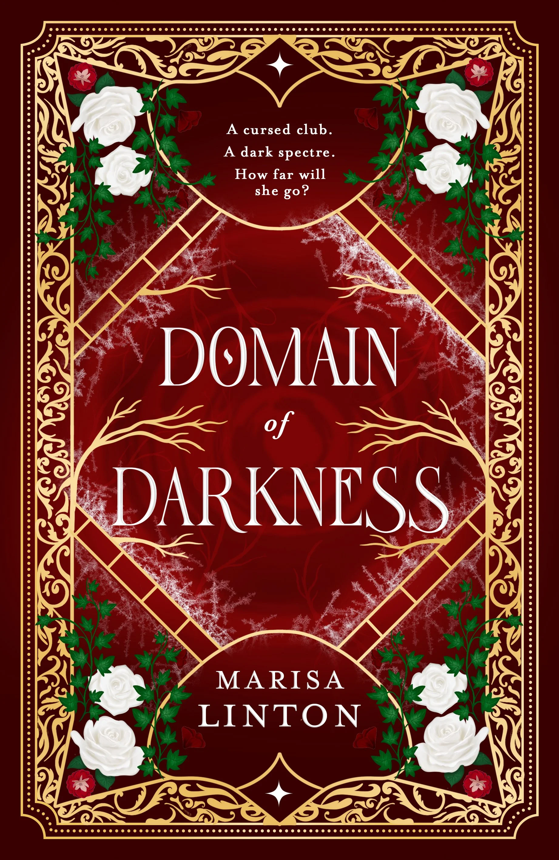 Book cover titled 'Domain of Darkness' by Marisa Linton, featuring gold ornate borders, white roses, red flowers, green vines, and a dark red background with white snowflake-like patterns.