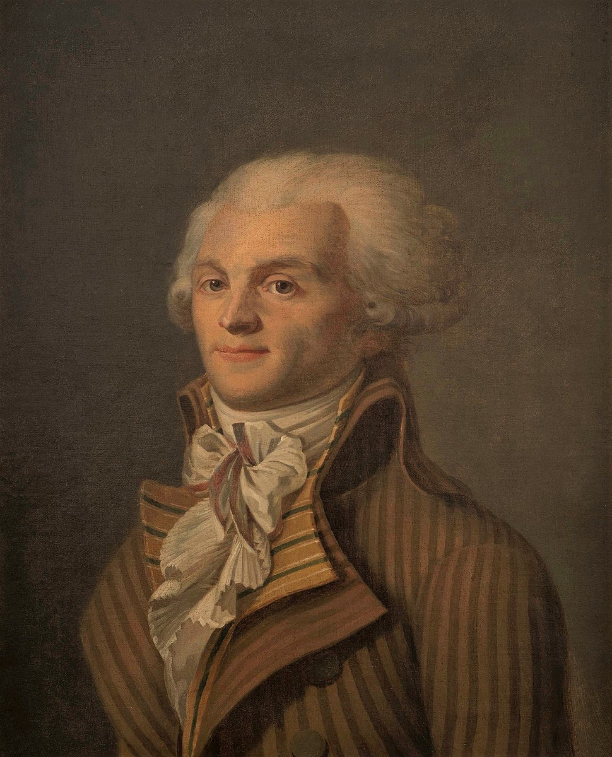 Painting of a man with white hair, dressed in 18th-century military attire with a striped coat and a cravat.