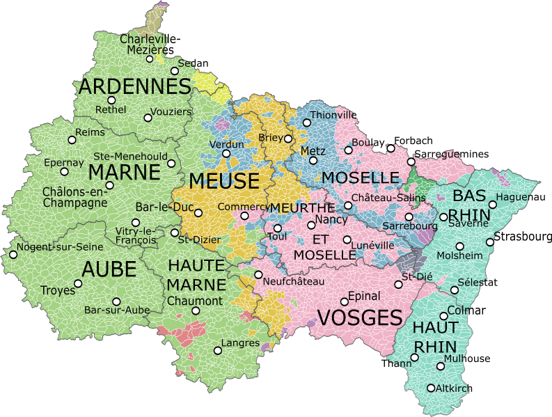 Color-coded map of northeastern France showing departments and major cities.