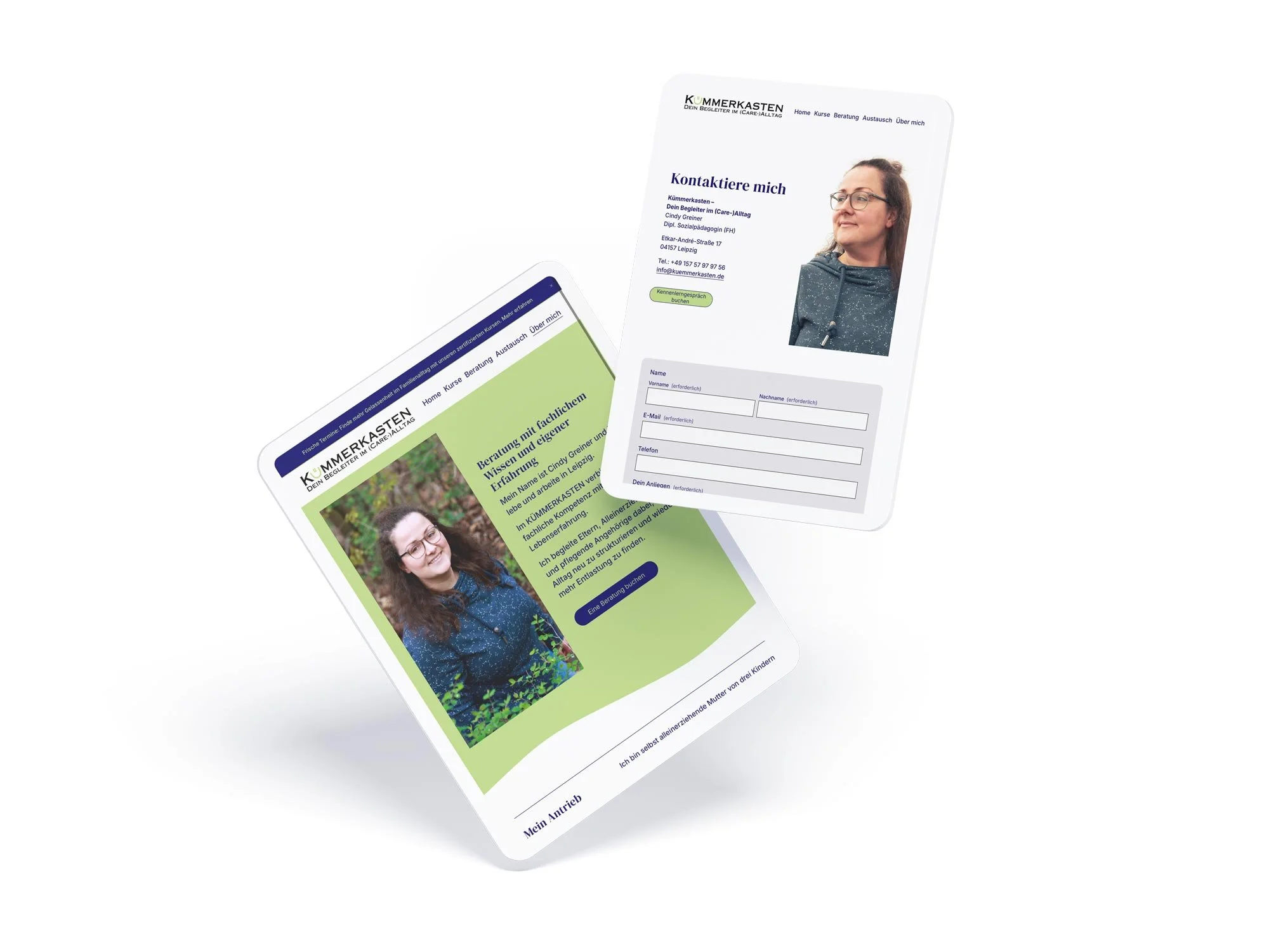 Mobiles Webdesign der Website KÜMMERKASTEN auf zwei Smartphones. Links ist der persönliche Bereich „Mein Antrieb“ mit Porträtfoto inmitten grüner Natur abgebildet, rechts die minimalistisch gestaltete Kontaktseite samt schlankem Formular.