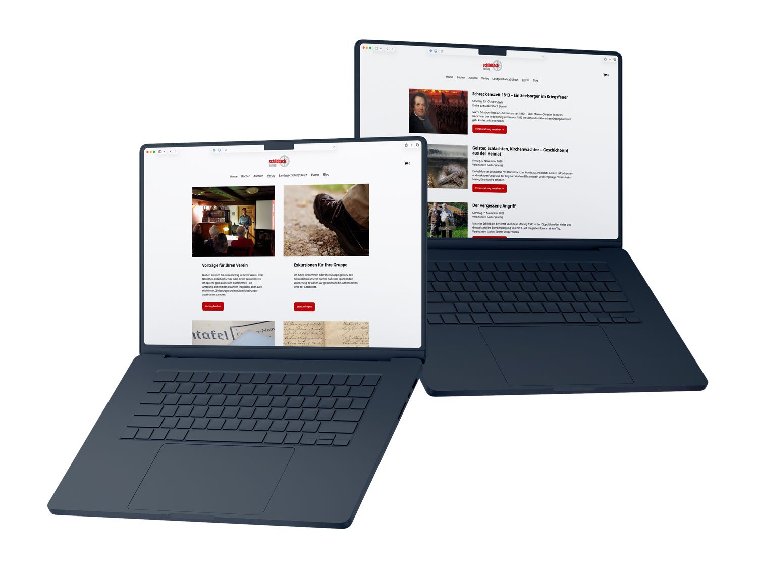 Zwei dunkelblaue Laptops präsentieren das Termin- und Veranstaltungsangebot des Schildbach Verlags mit Modulen für Vereinsvorträge und historische Exkursionen.