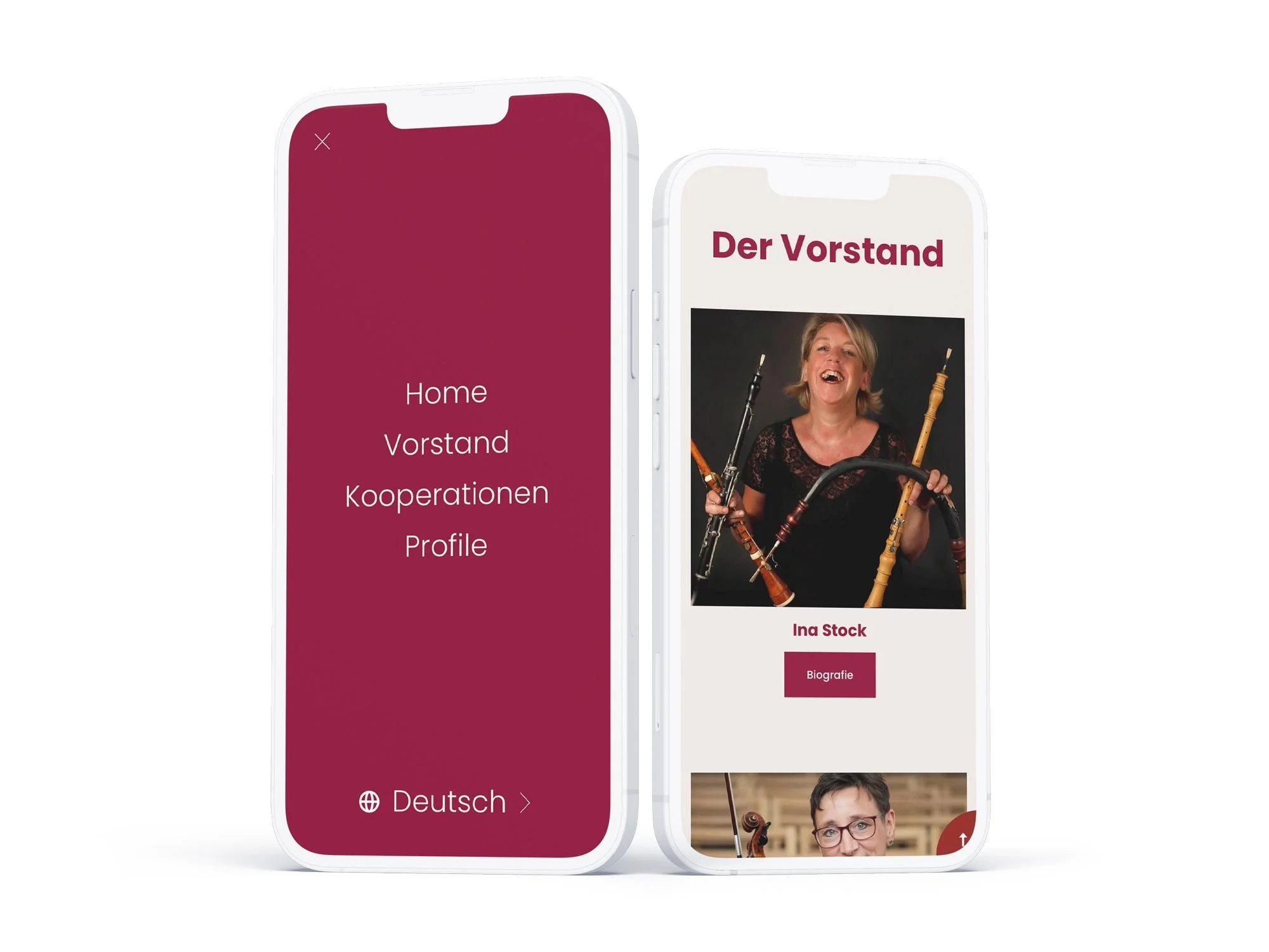 Mobiles Webdesign der VAM NRW auf zwei Smartphones. Das linke Display zeigt das reduzierte, vollflächig weinrote mobile Navigationsmenü, das rechte die optimierte Ansicht der Vorstandsseite für eine intuitive Bedienung unterwegs.