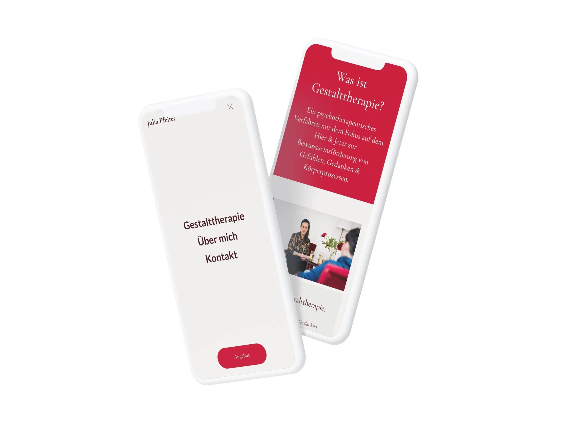 Die mobile Benutzeroberfläche der Website von Julia Pfeifer auf zwei Smartphones. Links ist das reduzierte, barrierefreie Navigationsmenü mit einem auffälligen Angebots-Button zu sehen, rechts die responsive Textdarstellung der therapeutischen Schwer