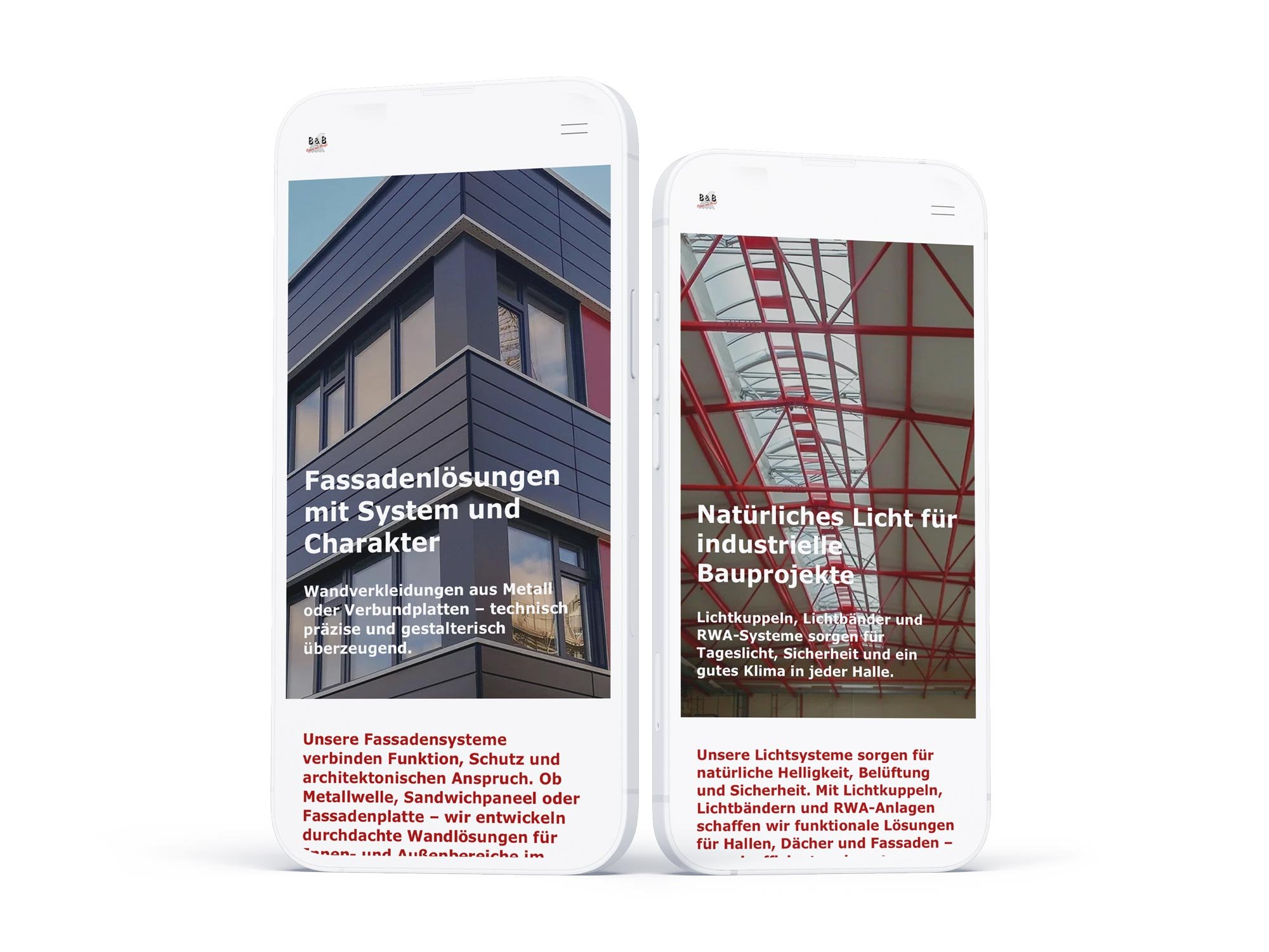 Mobiles Webdesign für B&B Bausysteme & Bautenschutz auf zwei Smartphones. Zu sehen sind das responsive, dunkelblaue Layout mit kräftigen roten Akzenten sowie die übersichtliche mobile Menüführung und Strukturierung der Fachleistungen.