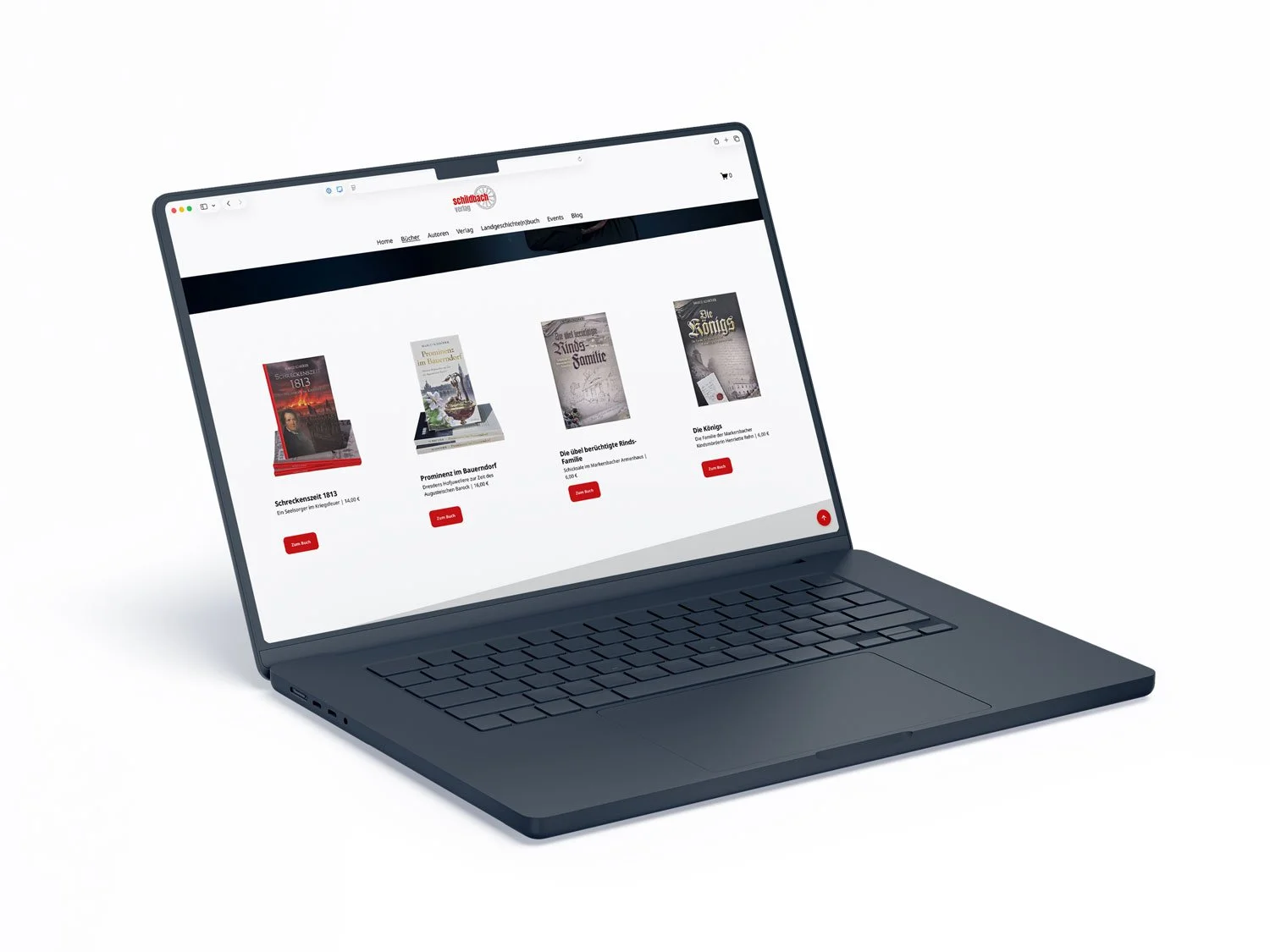 Ein dunkelblauer Laptop zeigt die saubere Produktübersicht des Schildbach Verlags mit Covern historischer Sachbücher und rotem „Zum Buch“-Button.