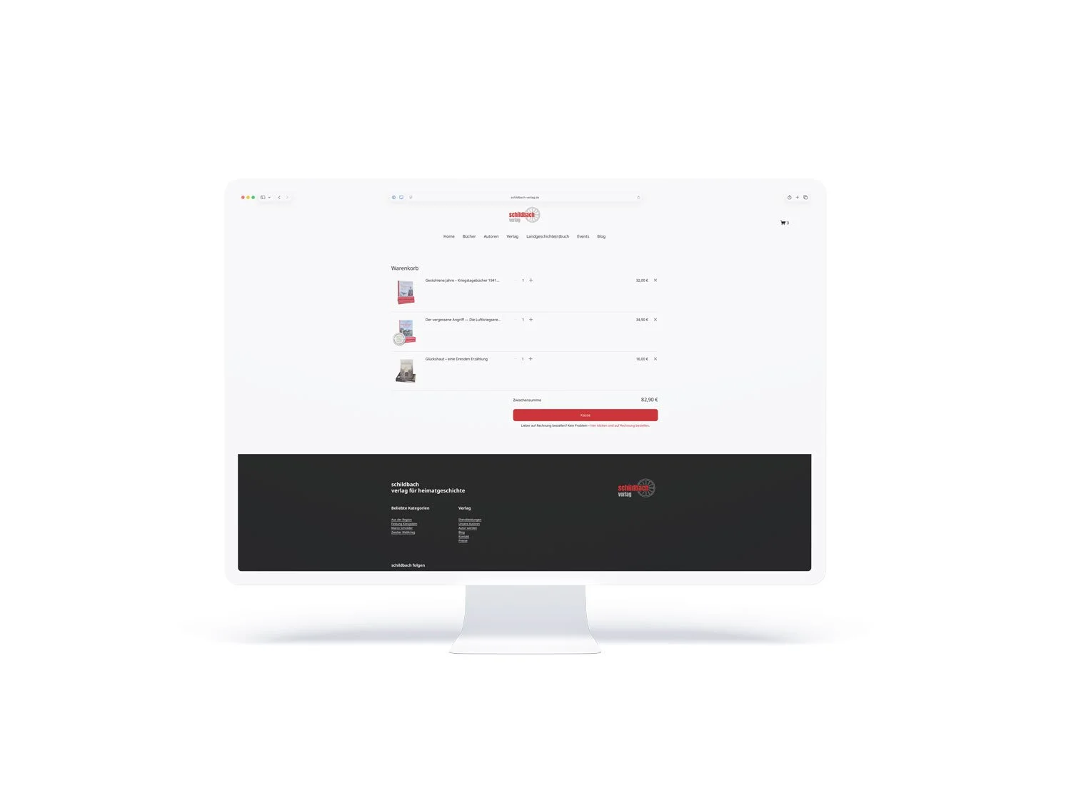Frontale Desktop-Ansicht des reduzierten Squarespace-Warenkorbs mit ausgewählten Publikationen, Preisübersicht und rotem Kasse-Button.