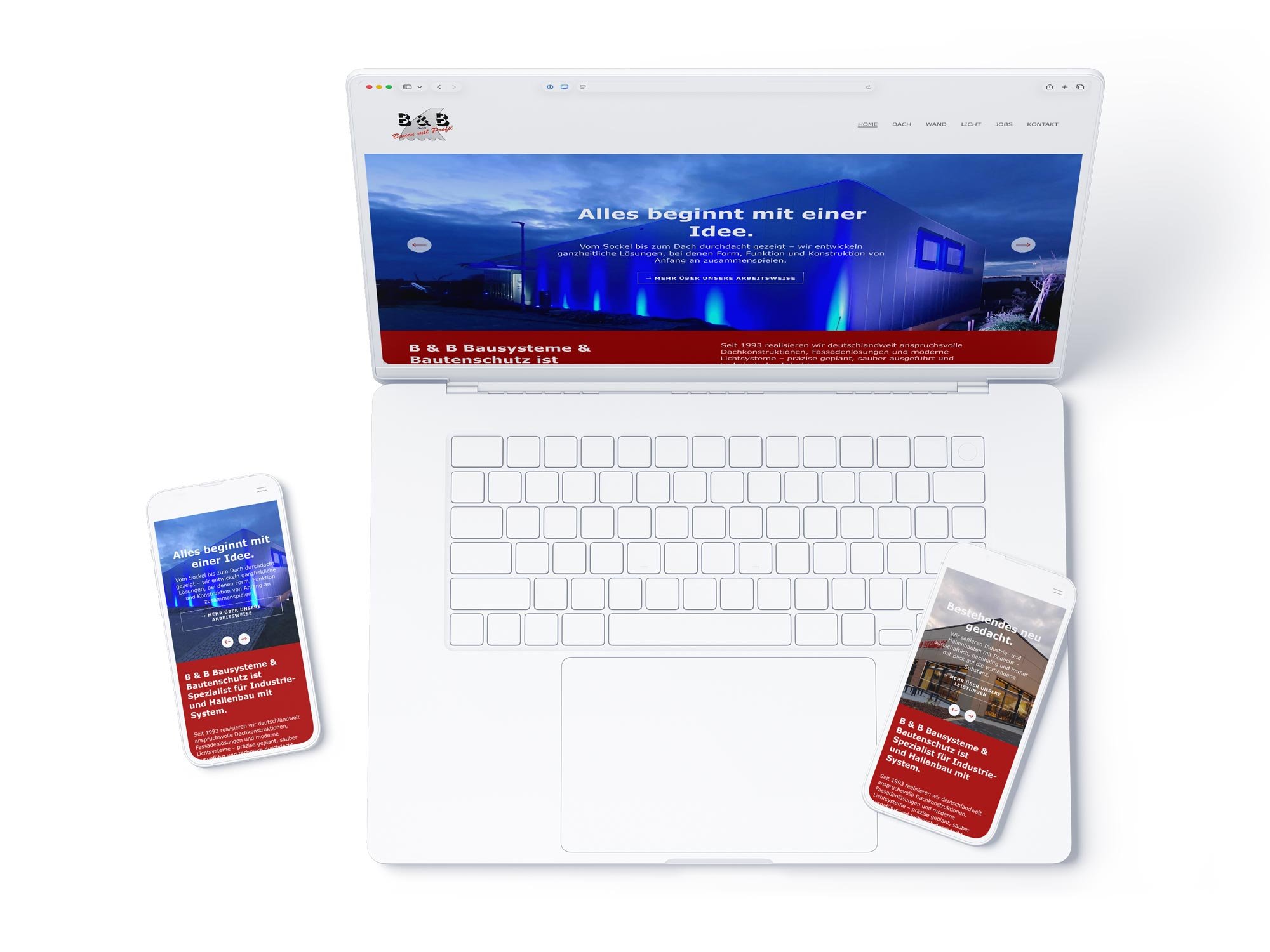 Der Webauftritt von b-b-buettner.de präsentiert auf einem weißen Laptop und zwei davor platzierten Smartphones, die jeweils die responsive Startseite zeigen. Klares, professionelles Design in Dunkelblau und Signalrot für den handwerklichen Mittelstan