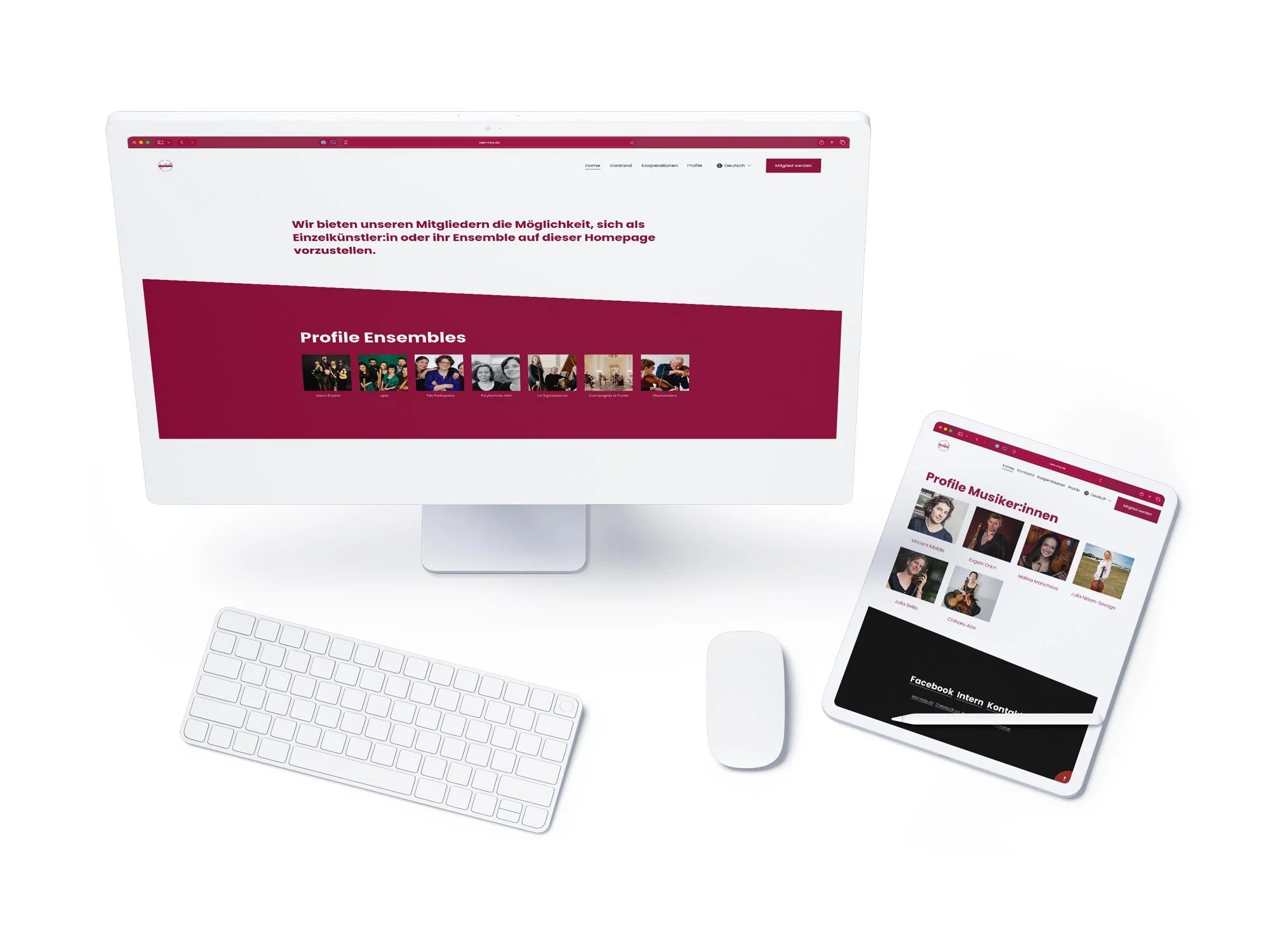 Responsive Webdesign der VAM NRW auf einem Desktop-Monitor und einem Tablet. Sichtbar ist der barrierefreie Aufbau der Mitglieder- und Ensemble-Profile mit klaren Raster-Layouts und harmonischen Farbakzenten in Weinrot.