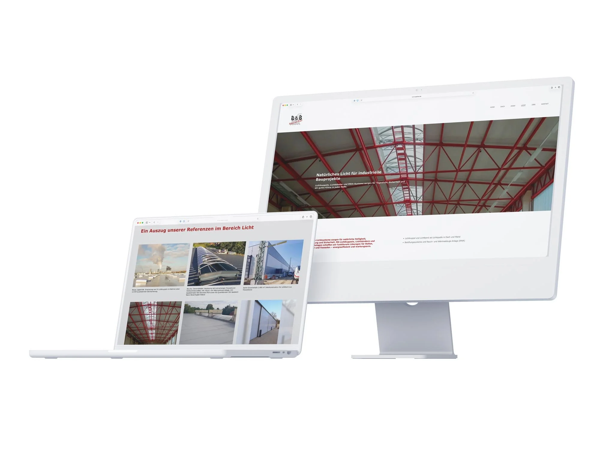 Ein aufgeklappter weißer Laptop steht schräg von links vor einem großen Desktop-Monitor und zeigt die Struktur der Bautenschutz-Website. Das Design überzeugt durch ein klares, funktionales Kachel-Raster und die kontrastreiche Farbwelt aus Blau und Ro