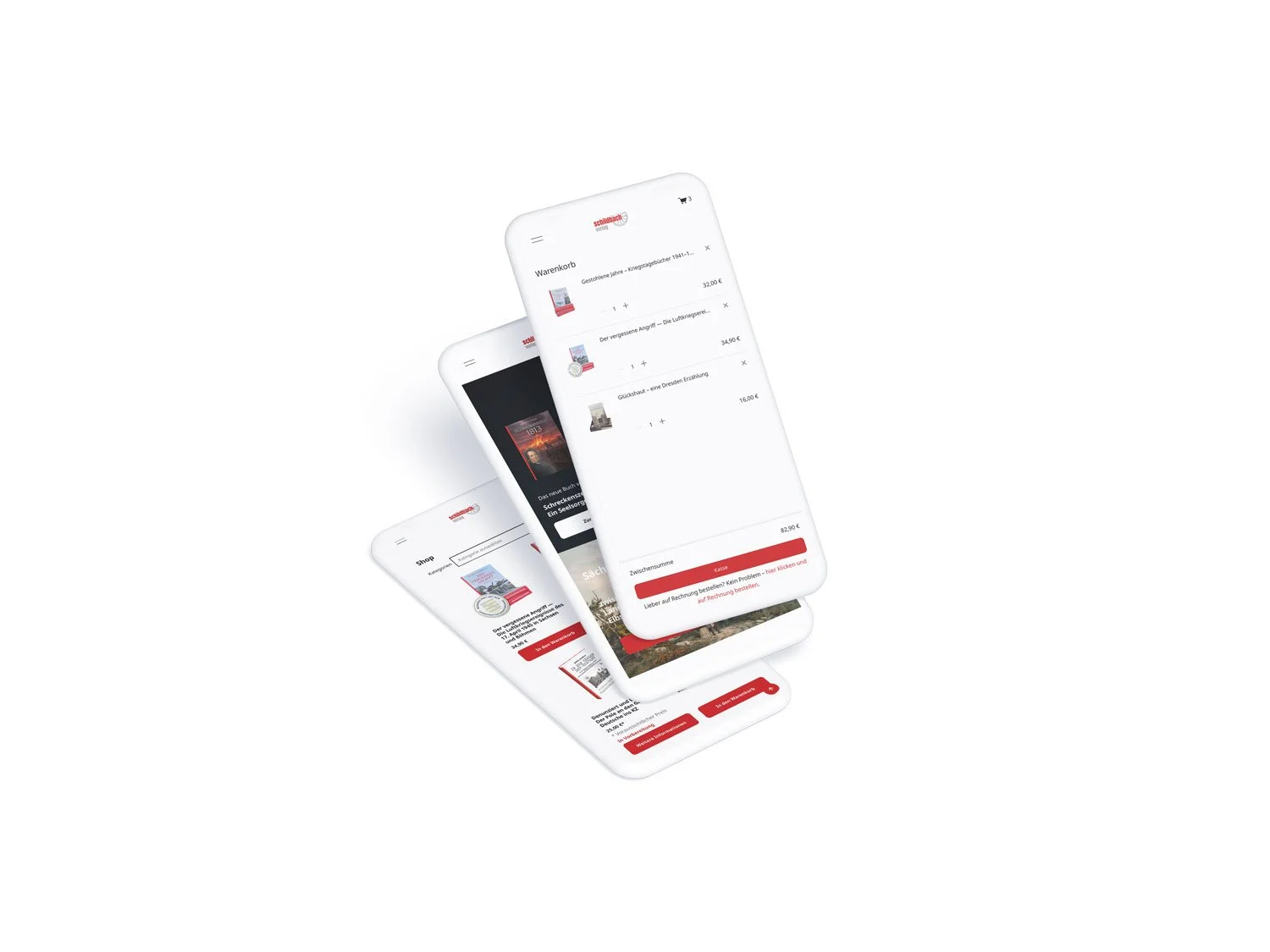 Drei gefächerte Smartphones demonstrieren die mobile Optimierung des Onlineshops mit Buchdetailansicht, mobilem Warenkorb und Produktkacheln.