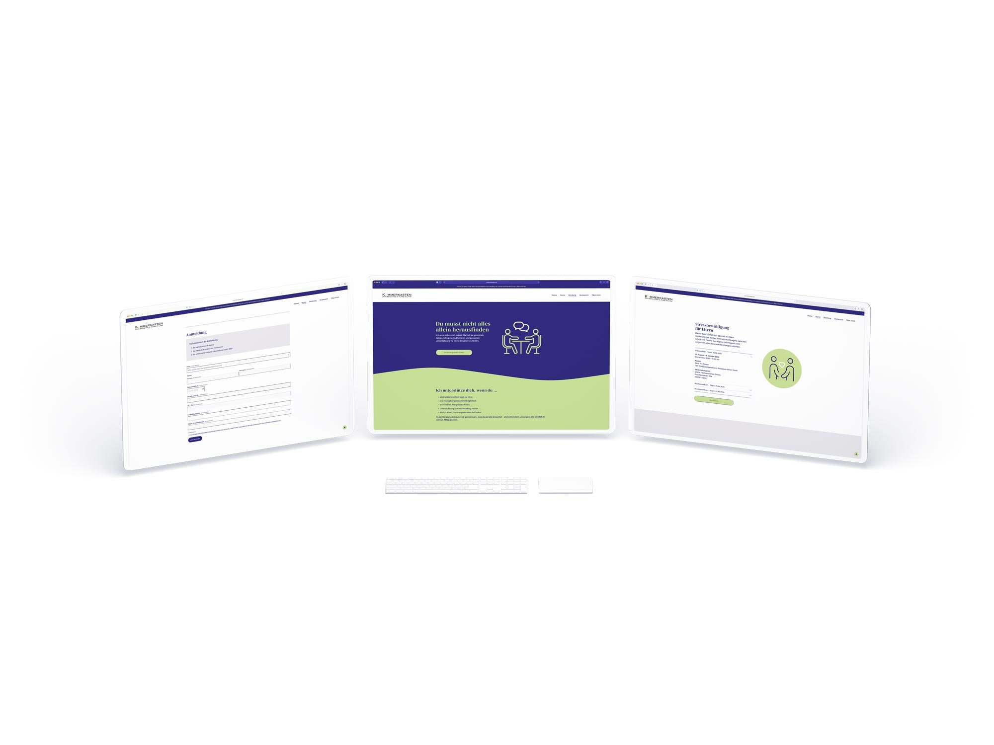 Drei minimalistisch angeordnete Monitore zeigen den strukturierten Buchungs- und Kurs-Funnel der KÜMMERKASTEN-Website. Klares, barrierefreies Raster-Layout in Grün-Blau-Nuancen zur einfachen Orientierung für Ratsuchende.