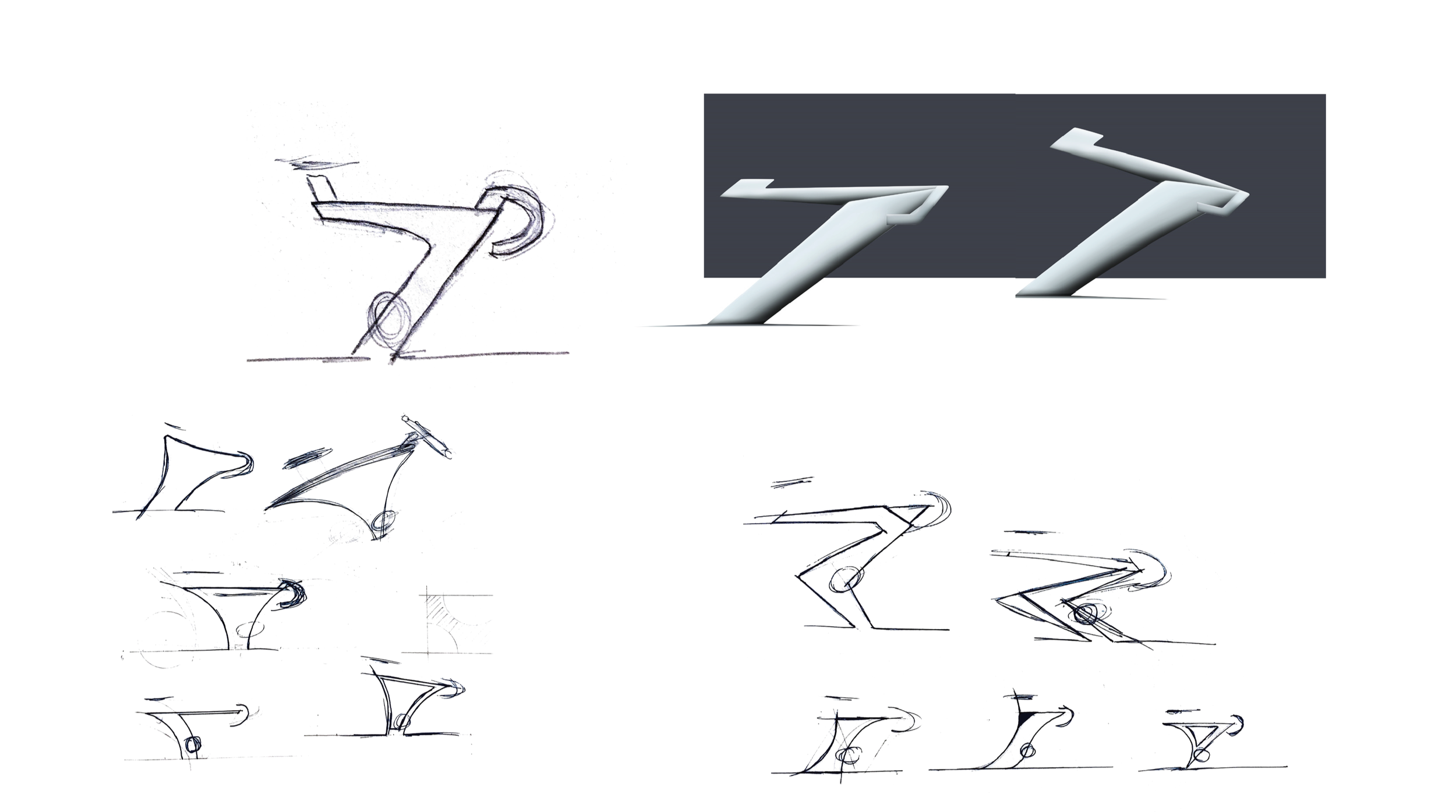 Series of sketches showing the progression of designing a bicycle frame, from initial rough outlines to refined 3D models.