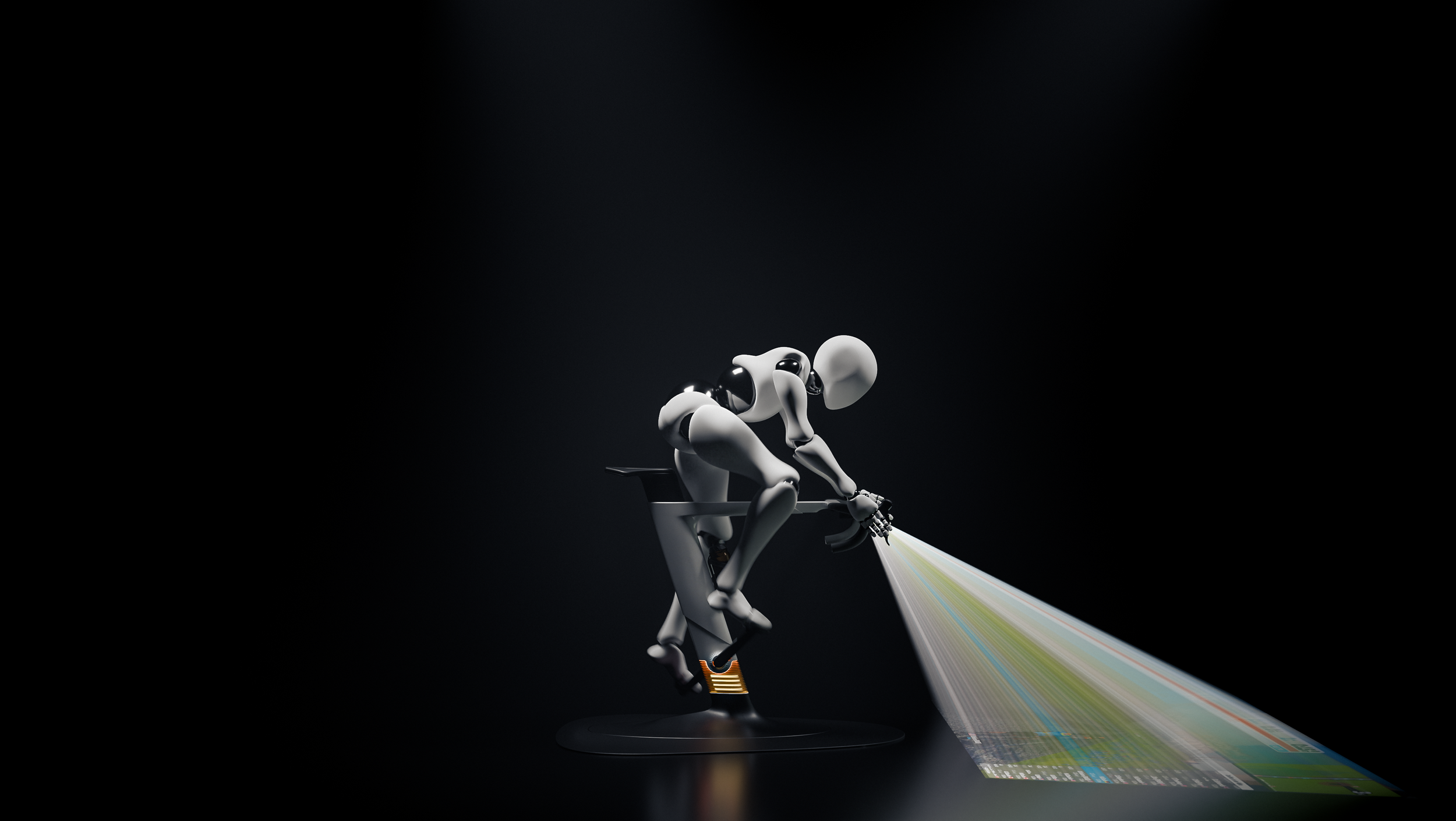 A robot with a sleek, modern design is riding a bicycle in a dark setting, while releasing a rainbow-colored beam.