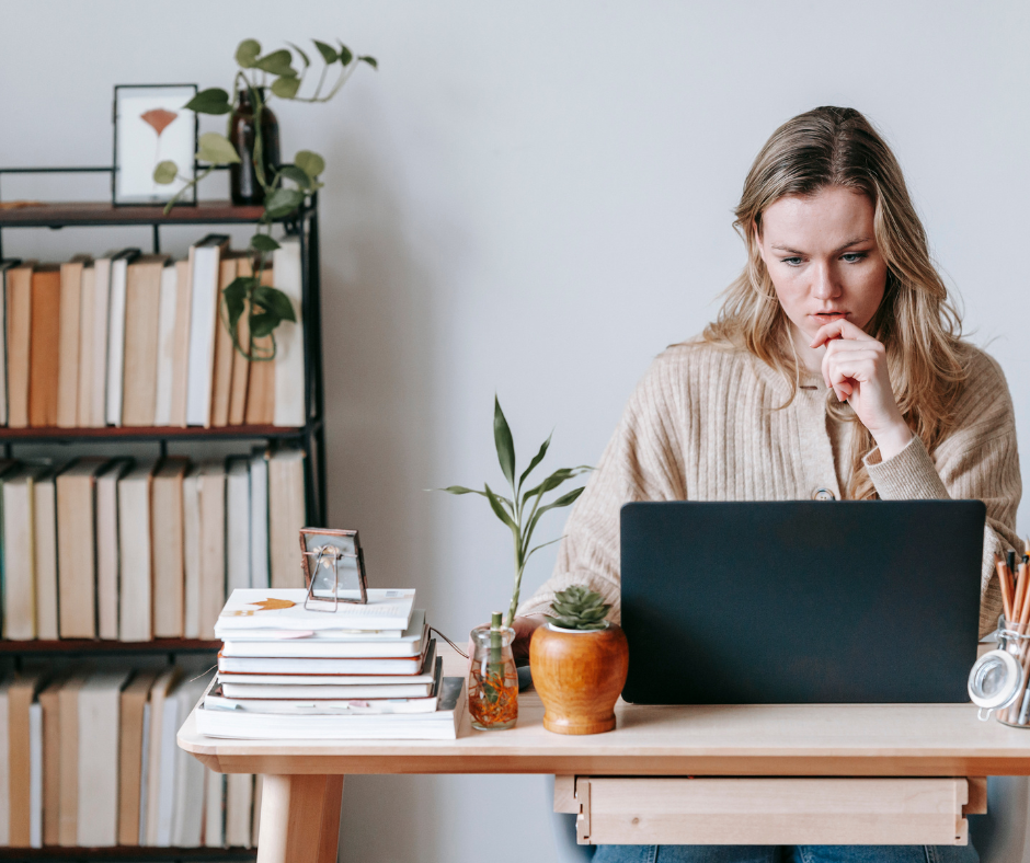 Woman delegating creative tasks, small business owner getting support with Canva, content writing.