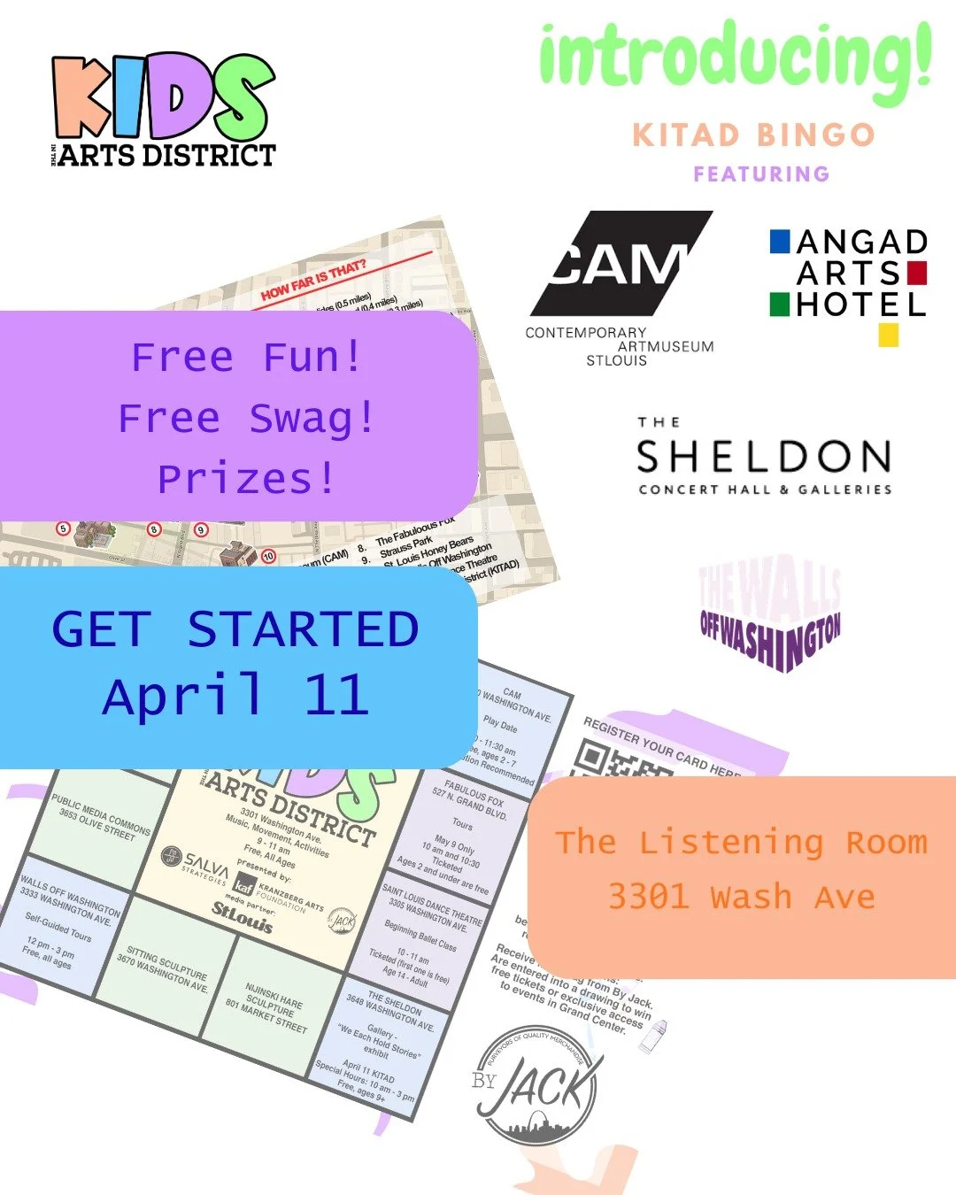 NEW! Kids in the Arts District BINGO! Pick up your card on Saturday morning - enjoy live music, mini yoga, and coloring - and then head out to explore Grand Center.

Fun activities are planned for your family at CAM, Angad, The Sheldon, and more.