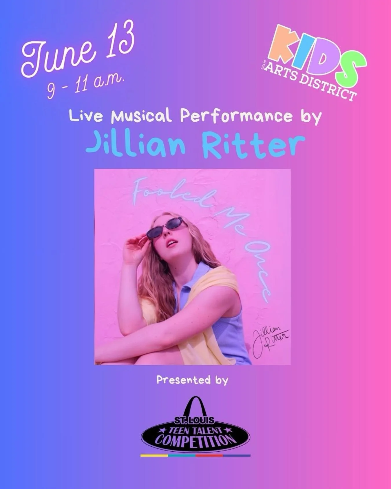 We&rsquo;re excited to welcome Jillian Ritter, presented by St. Louis Teen Talent, to Kids in the Arts District on June 13.
Bring the kids, enjoy live music, and make a morning of it.
Free and open to all ages.
