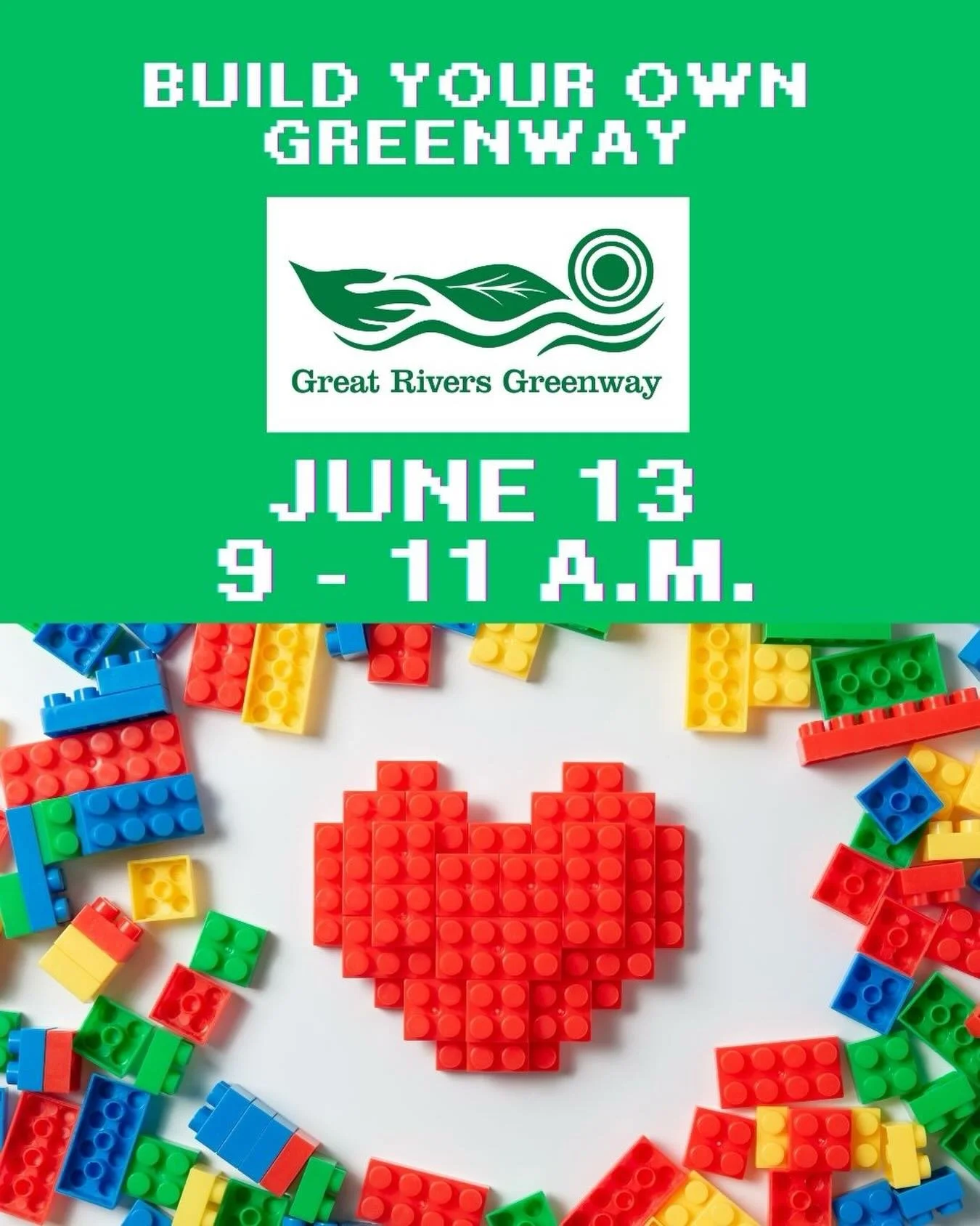 What would your dream greenway look like?
Stop by the Great Rivers Greenway LEGO table on June 13 and help build your own. Then stick around for music, snacks, and family fun.
