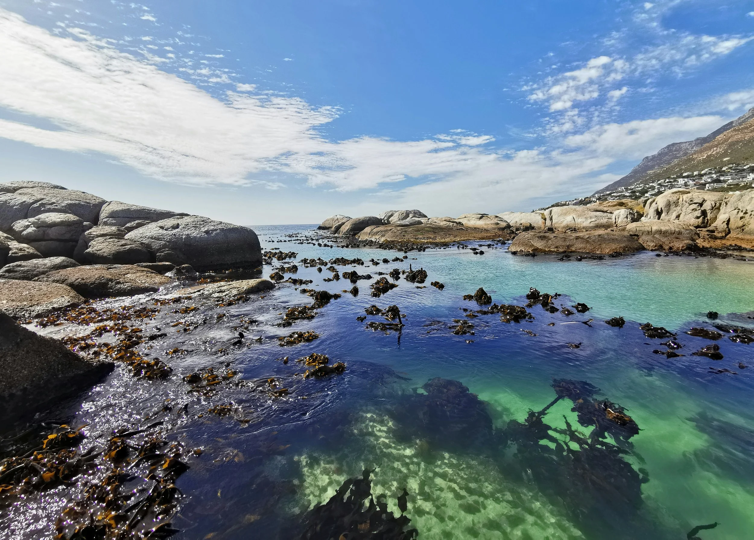 Rocky coastline with clear blue water, seaweed, and a partly cloudy sky.