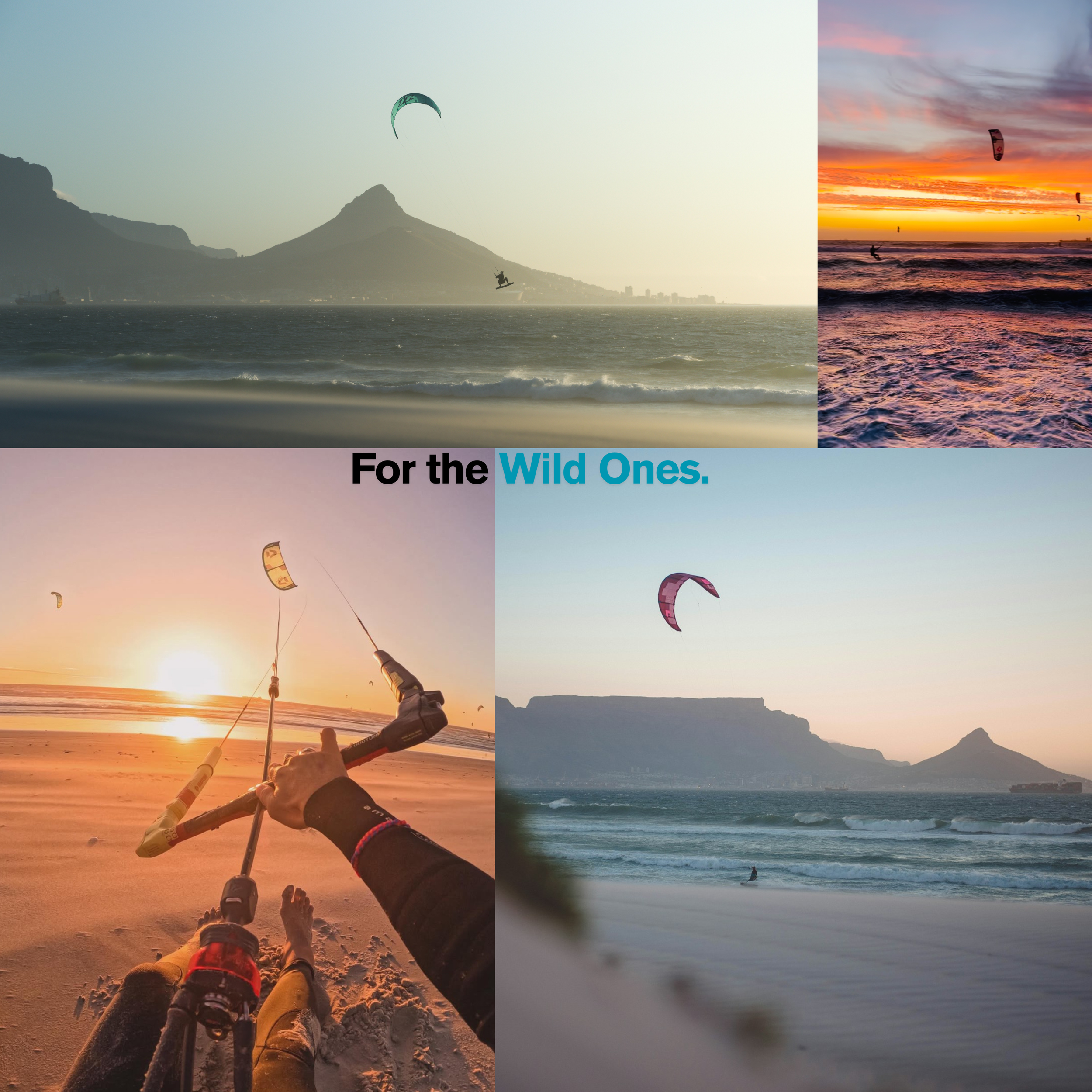 A collage of four images of kiteboarding and kite surfing at the beach during sunset and daytime, with the caption 'For the Wild Ones'.
