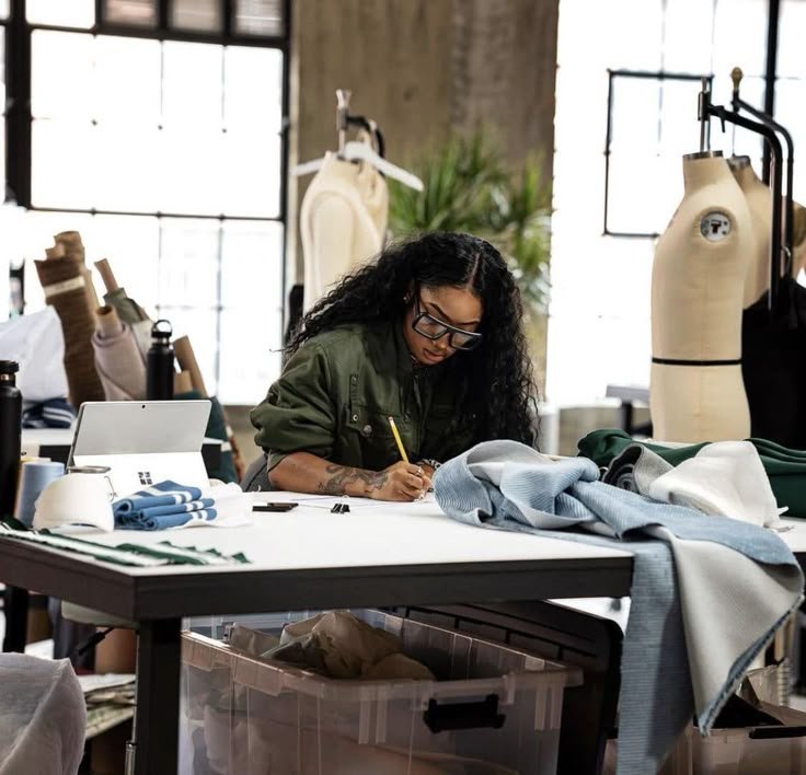 Person with long hair working at a fashion design studio, sketching at a table with fabric, mannequins, and sewing tools around.