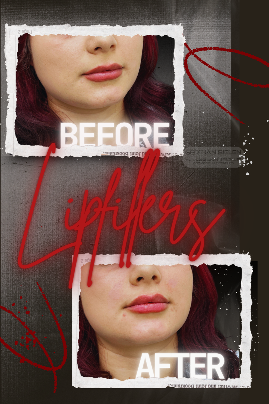 "Voor en na resultaat van een subtiele lipfiller touch-up met 0,6 ml hyaluronzuur in Heerlen."