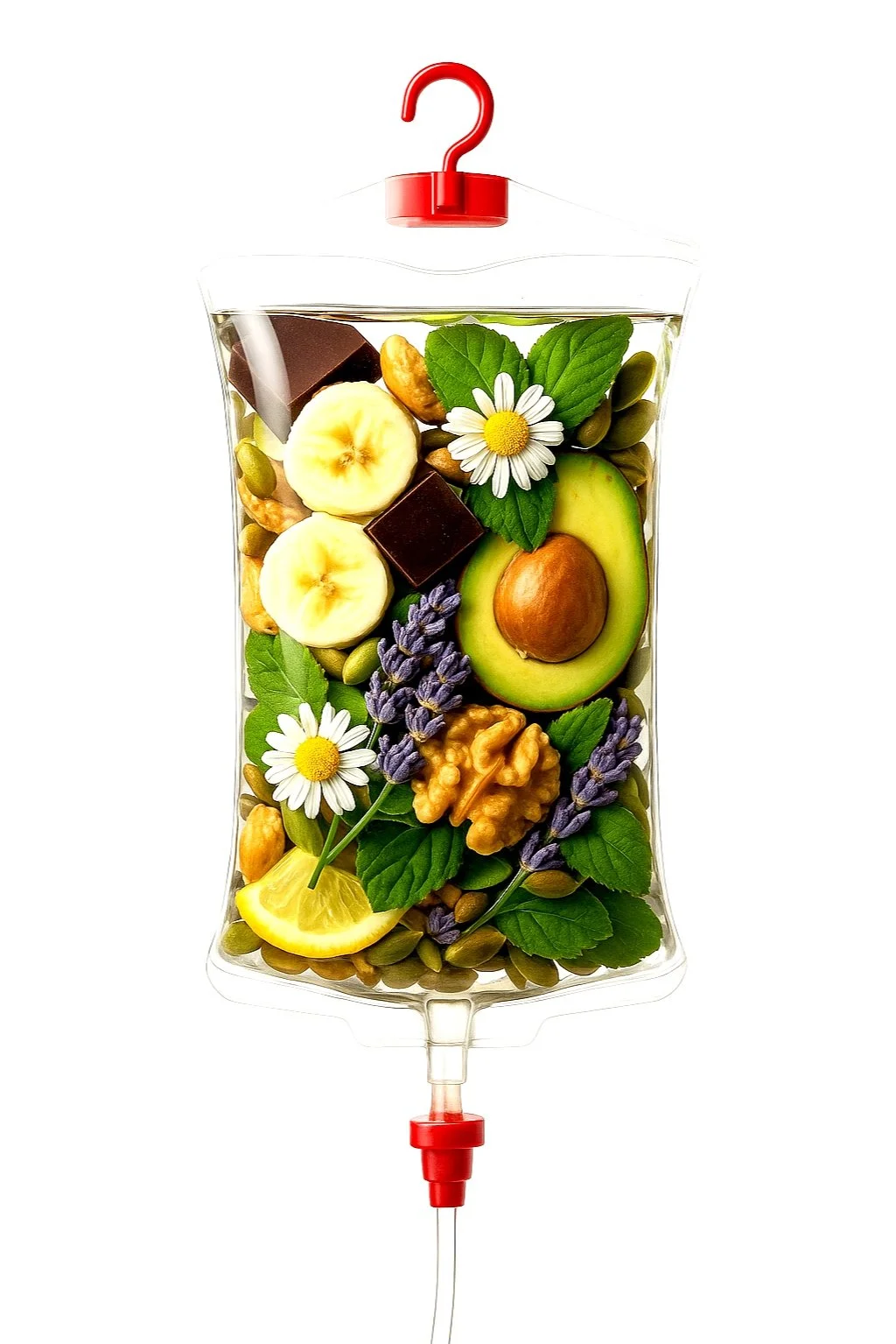 Ingrediënten van het Beauty infuus, visueel weergegeven met groenten en fruit, gebruikt voor infuustherapie bij CliniQ InjectiQ in Heerlen