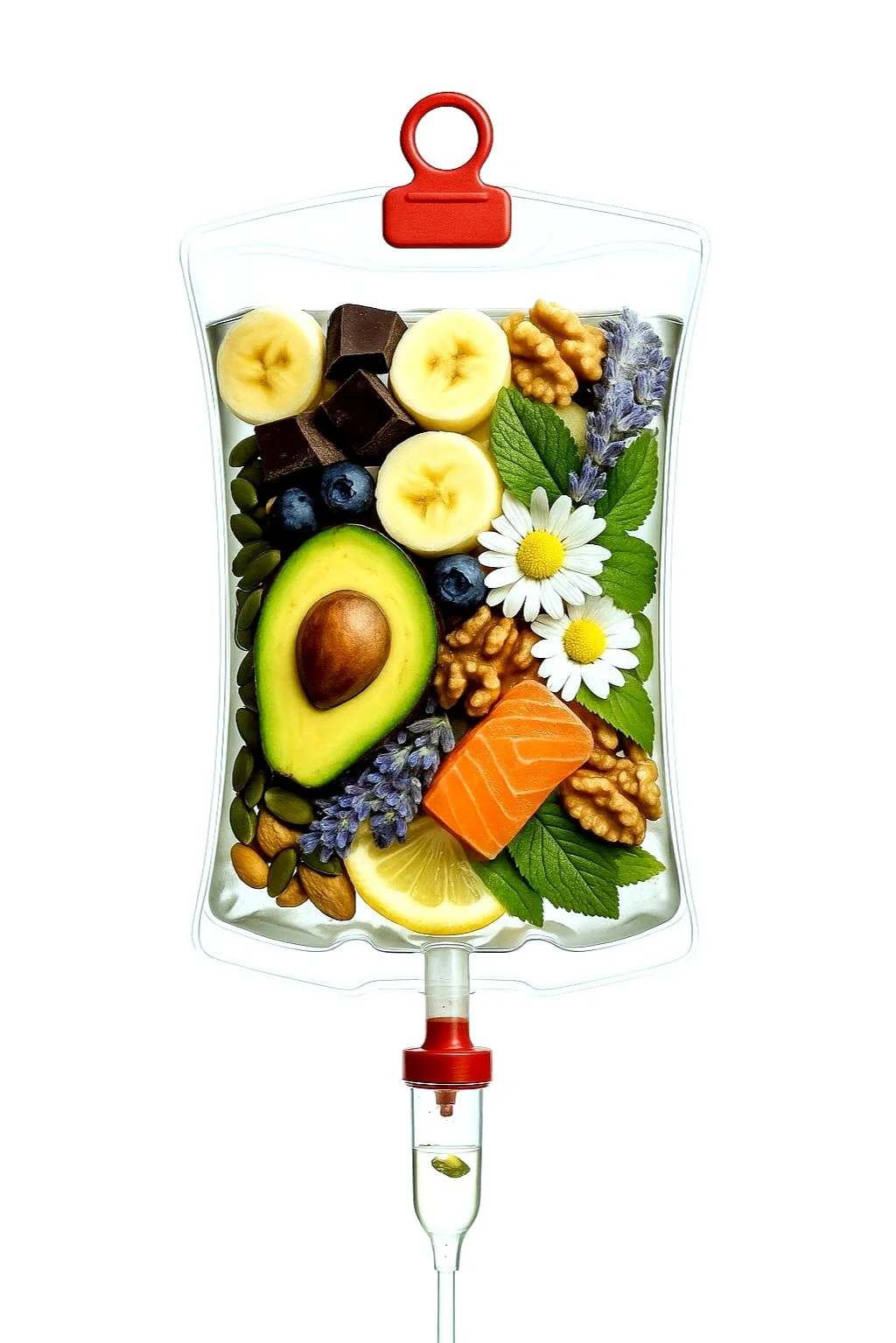 Ingrediënten van het Athlete infuus, visueel weergegeven met groenten, fruit en noten, gebruikt voor infuustherapie bij CliniQ InjectiQ in Heerlen