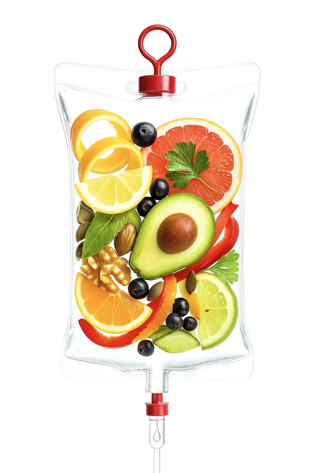 Ingrediënten van de Vitamine C Boost infuusbehandeling, visueel weergegeven met groenten en fruit, gebruikt voor infuustherapie bij CliniQ InjectiQ in Heerlen