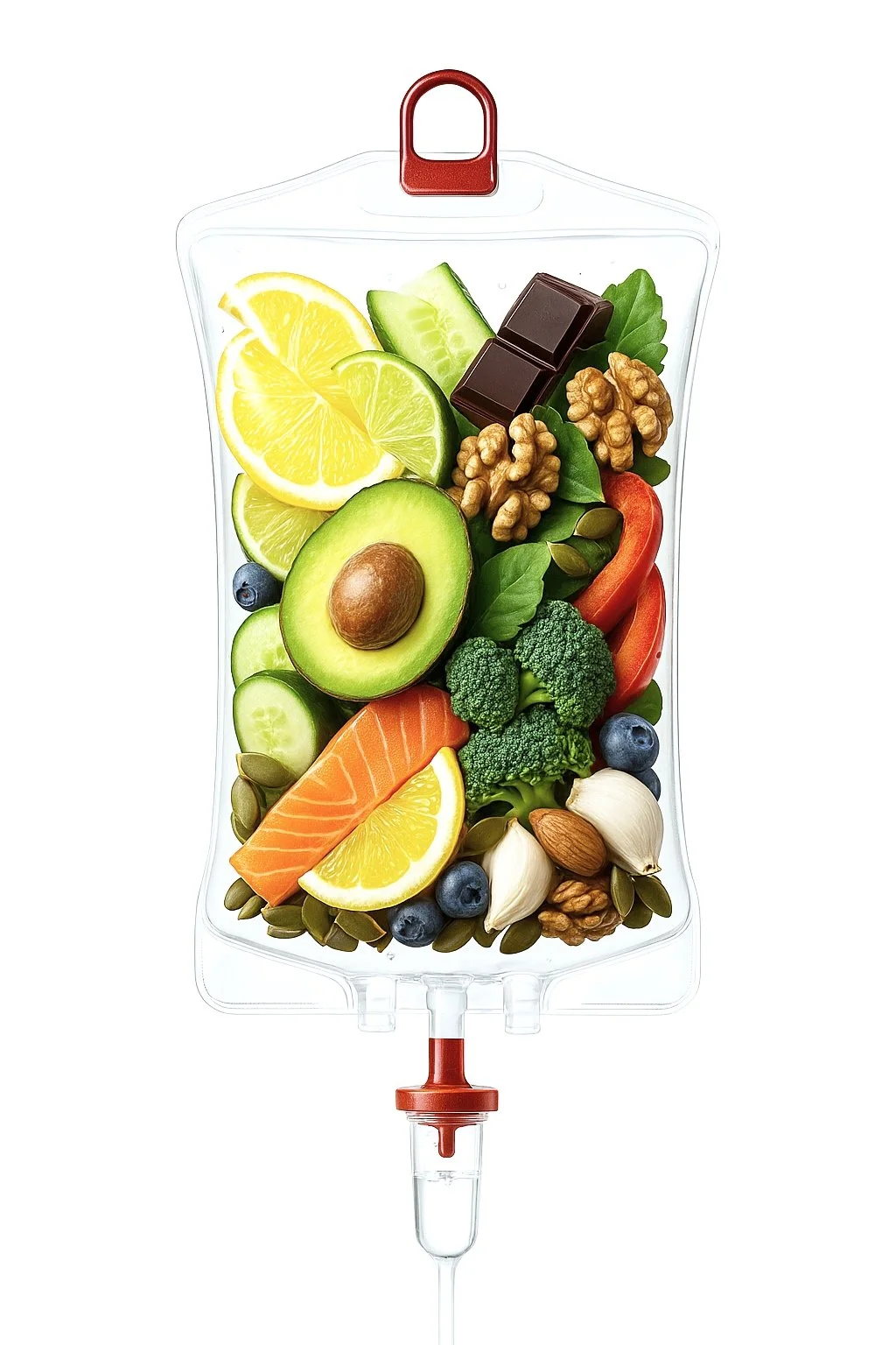 Ingrediënten van het No Hangover infuus, visueel weergegeven met groenten en fruit, gebruikt voor infuustherapie bij CliniQ InjectiQ in Heerlen