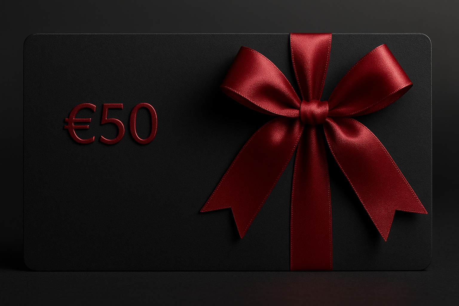 Zwarte cadeaubon met rood lint en het bedrag €50, gebruikt als cosmetische cadeaubon van CliniQ InjectiQ in Heerlen
