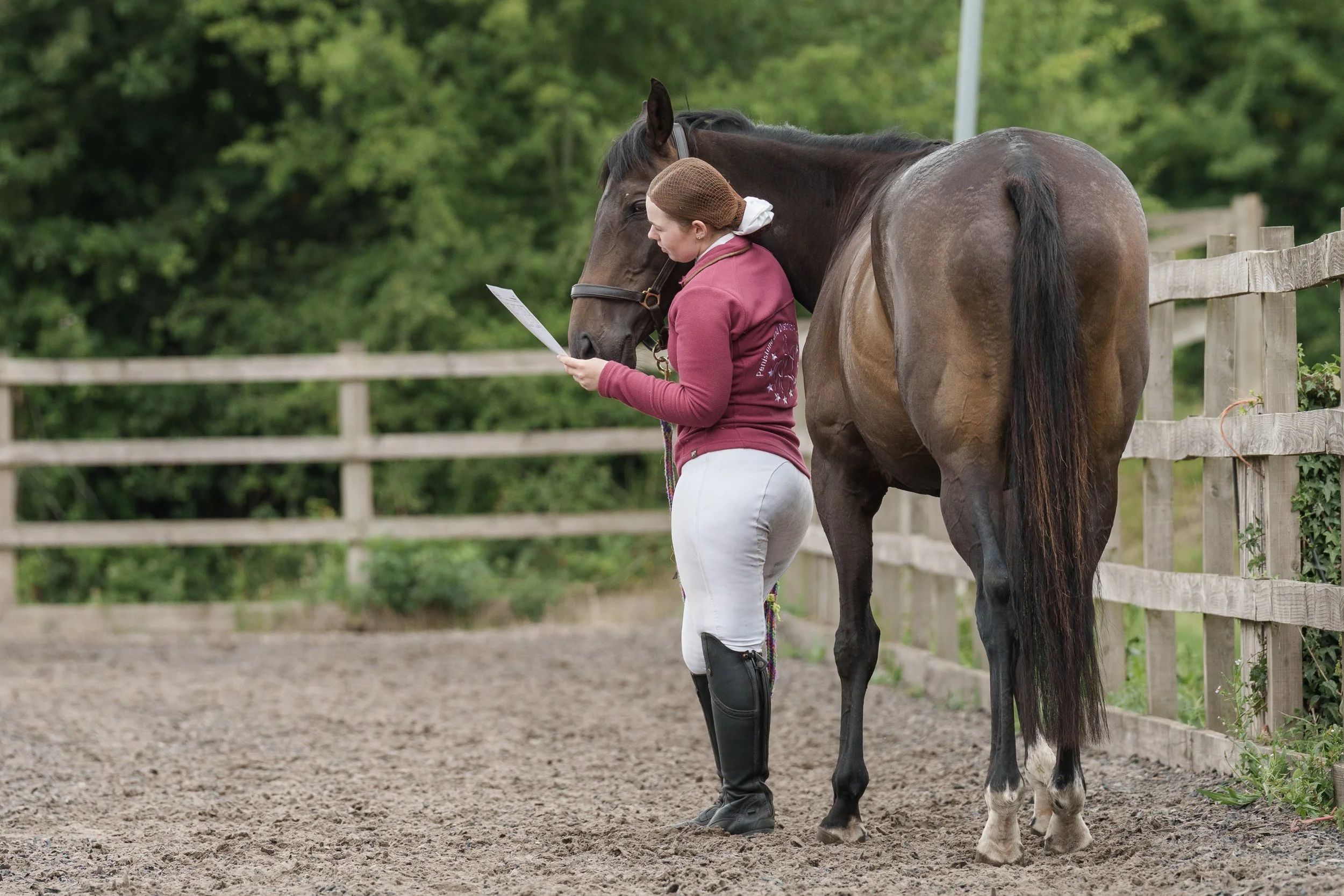 A woman in riding attire stands next to a brown horse, reading a piece of paper in an outdoor riding arena surrounded by a wooden fence and green trees.