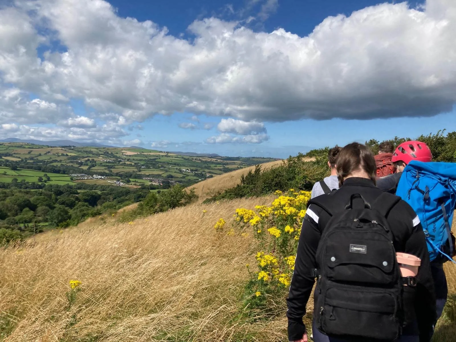 Group of hikers walking along a grassy hillside with yellow wildflowers, overlooking a green valley with scattered houses and fields under a partly cloudy sky.