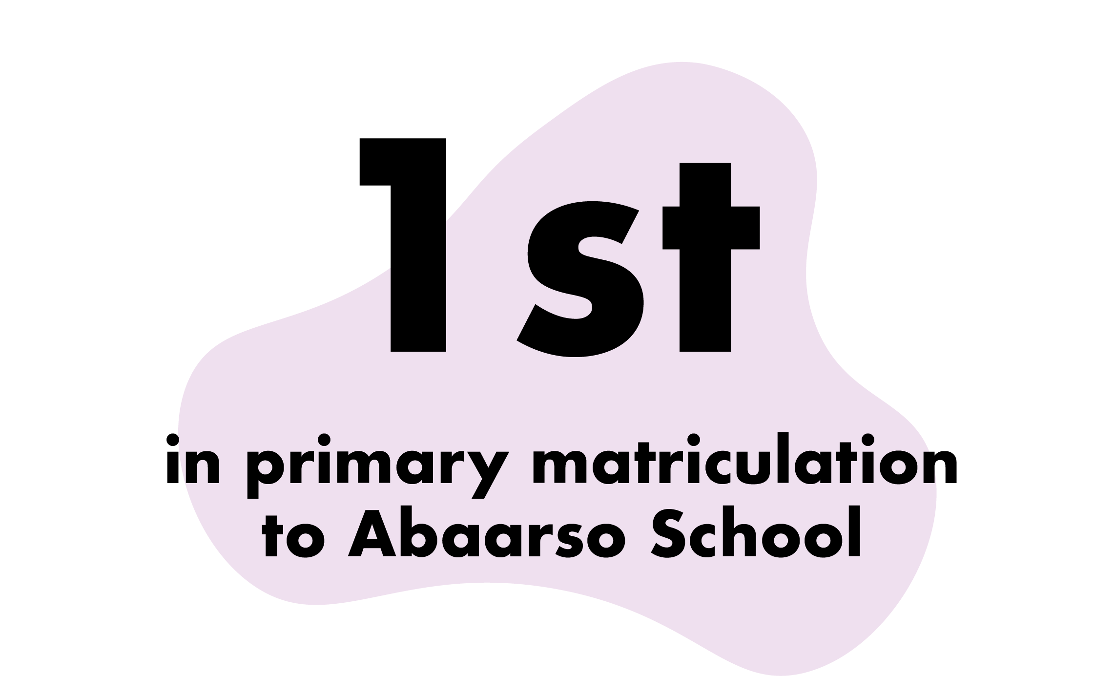 Purple abstract shape with bold black text reading "1st" and "in primary matriculation to Abaaro School."