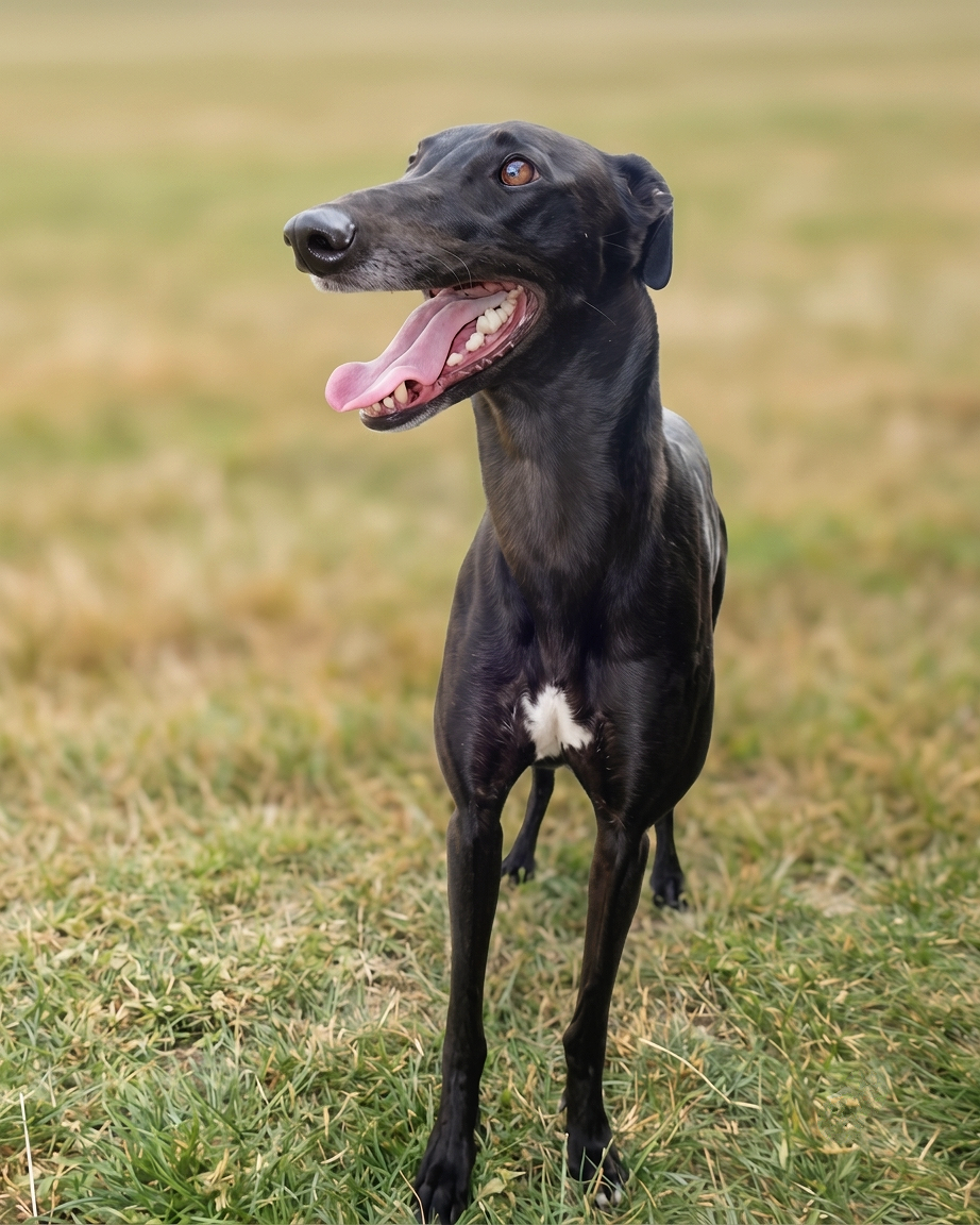 A black greyhound standing on grass with mouth open and tongue out, outdoors on a blurred grassy background.
