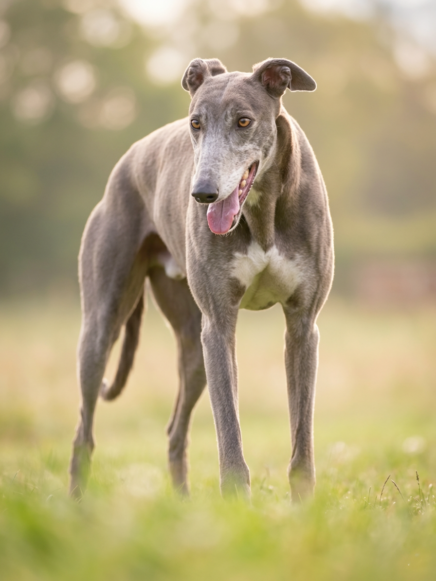 A grey dog with a slender build standing on grass in a park-like setting, tongue out, with a blurred background of trees and a soft light.