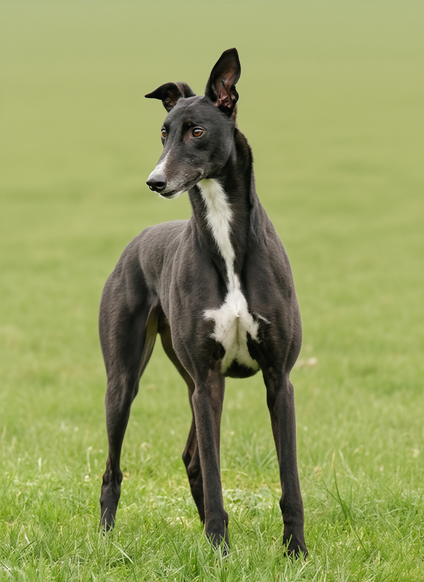 A greyhound standing on green grass with a blurred green background.