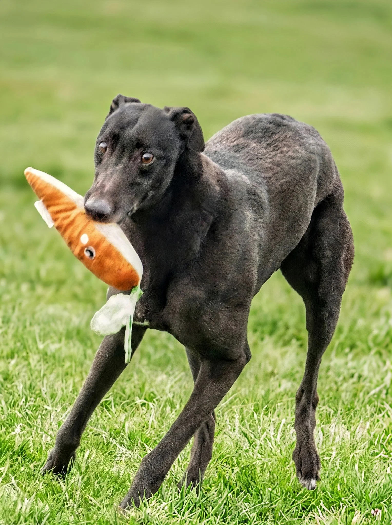 Black dog holding a plush fish toy in its mouth while standing on green grass.
