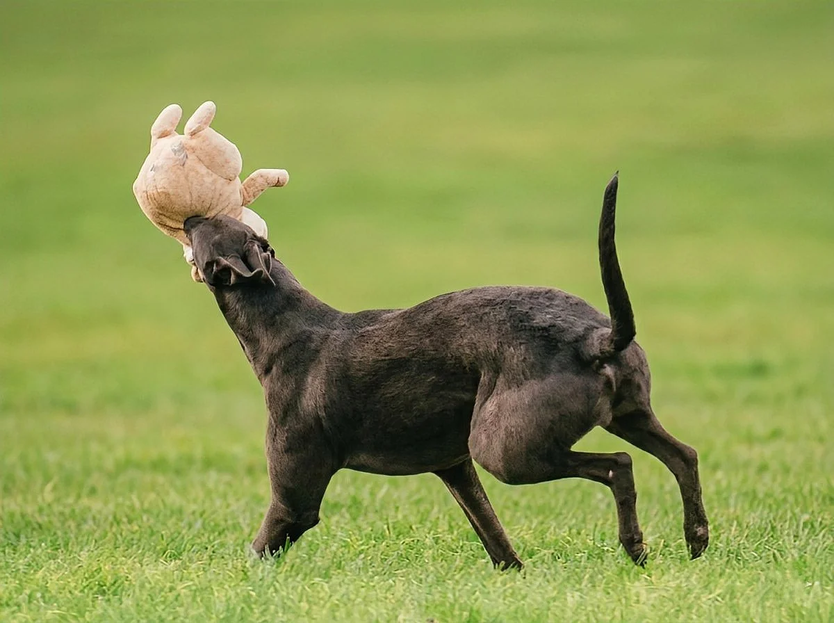 A black dog jumping and holding a stuffed animal in its mouth on a grassy field.