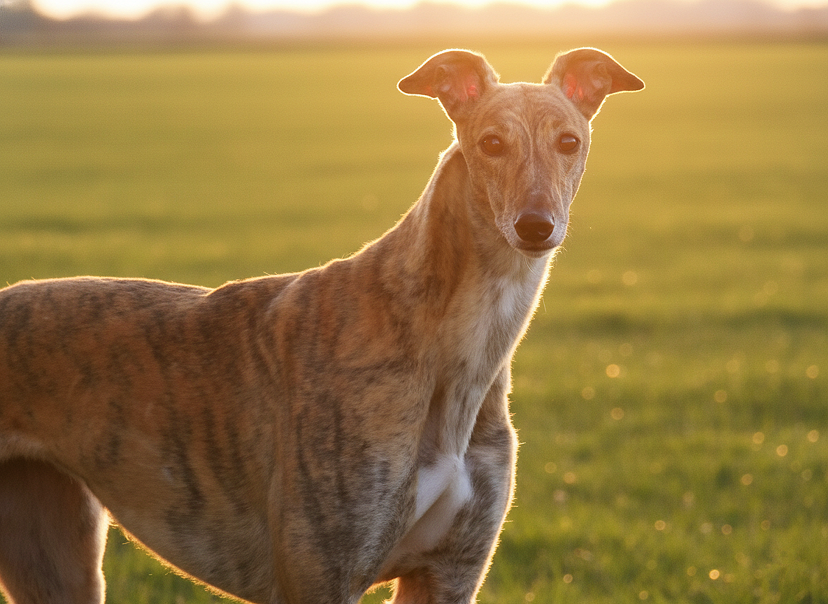 A greyhound dog standing in a grassy field during sunset.
