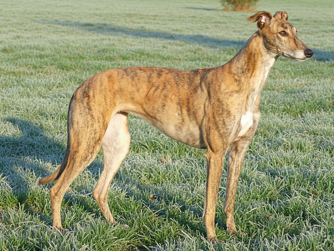 A dog with a slender body, brindle coat, standing on grass in an outdoor setting.
