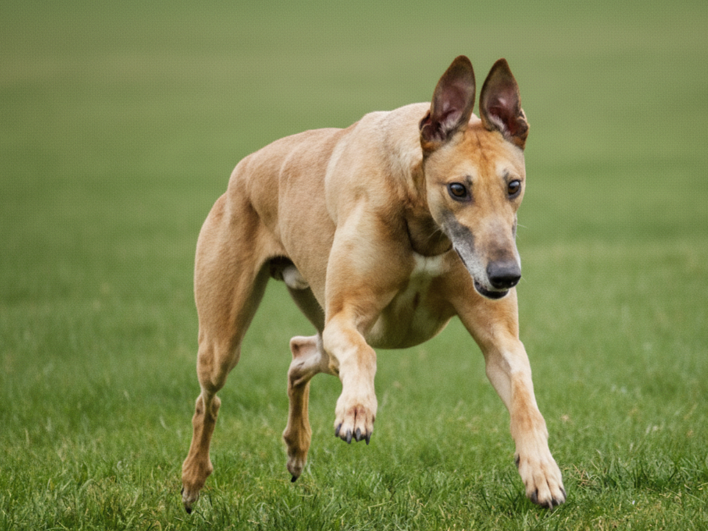 A tan dog with upright ears running on green grass.