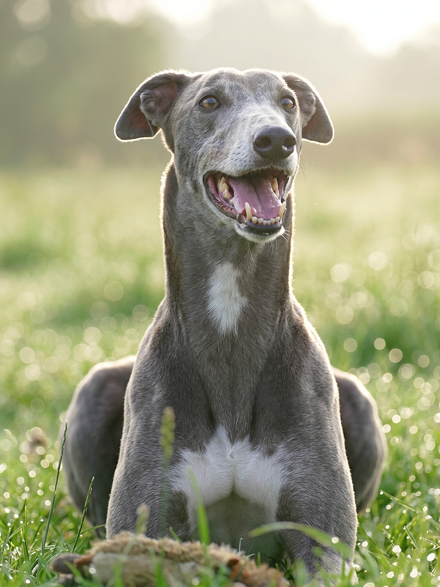 A happy gray dog with a white chest sitting on green grass in a sunny outdoor setting.