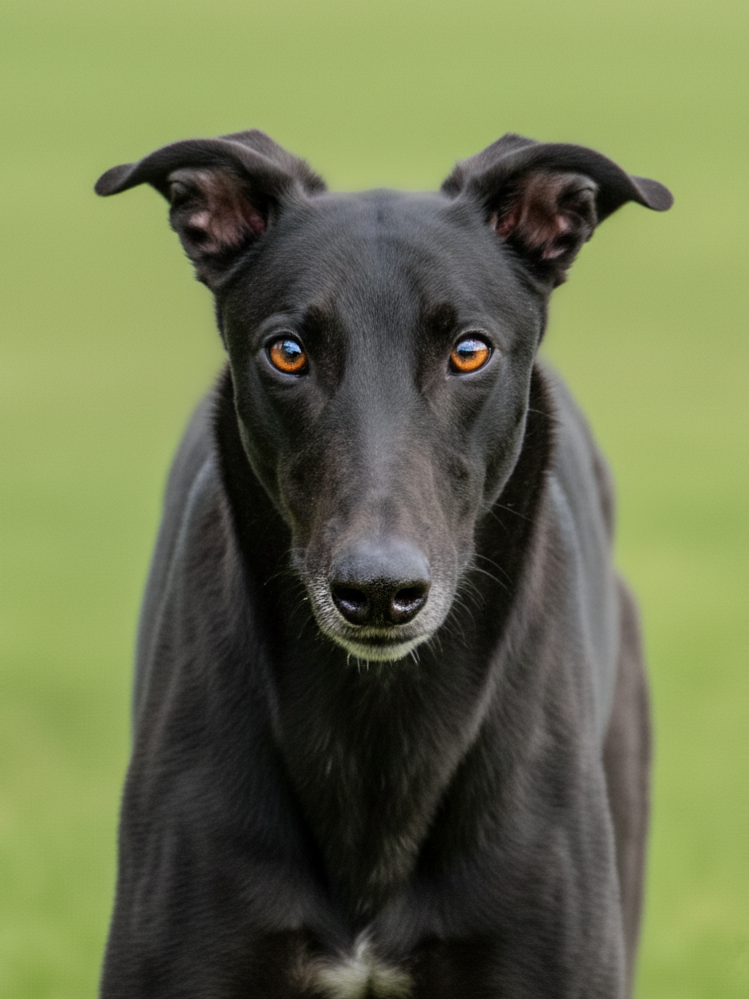 Close-up of a black dog with amber eyes, standing outdoors on green grass.